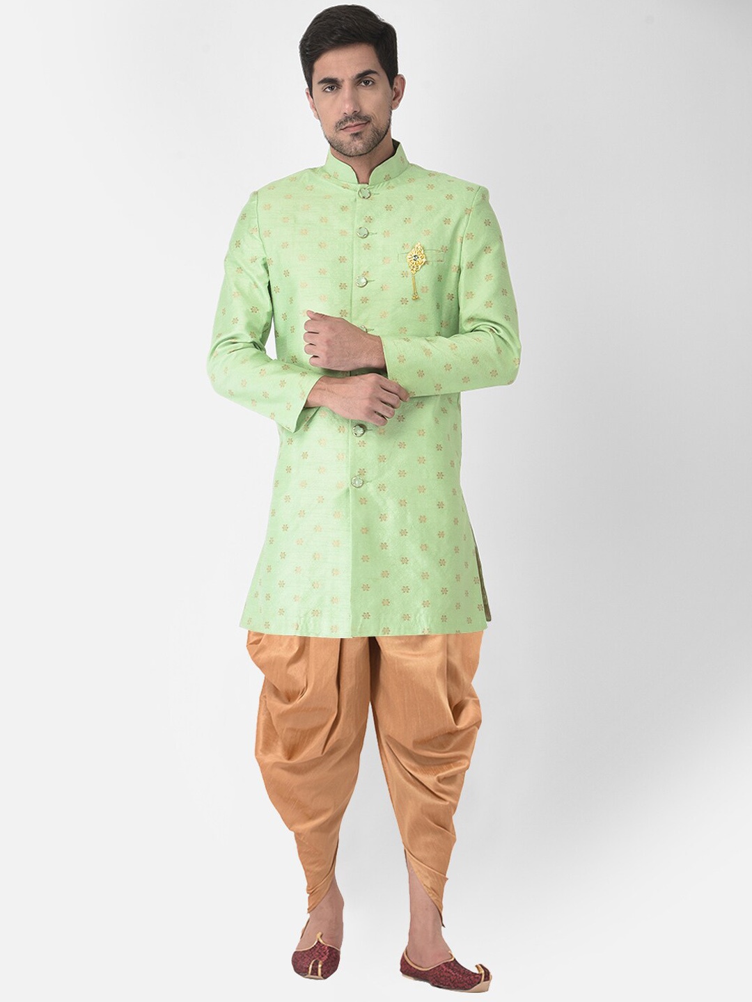 

SG LEMAN Men Sea Green & Gold Woven-Design Sherwani Set