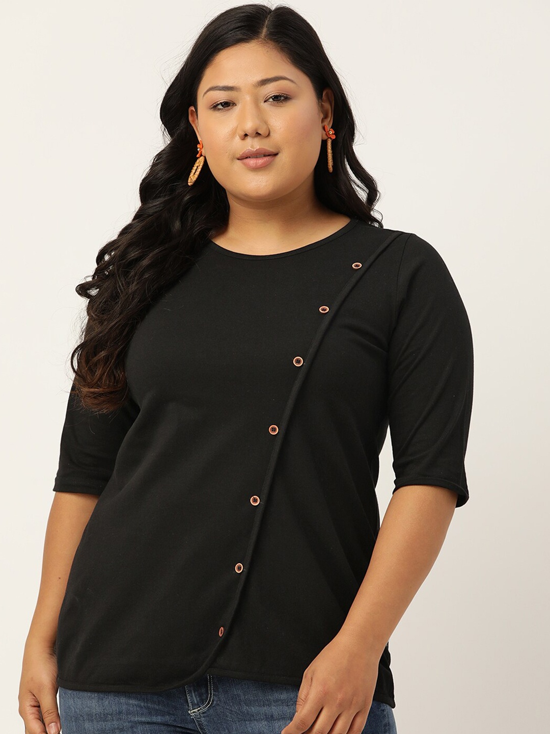 

theRebelinme Plus Size Women Black Solid Colour Diagonal Button Pure Cotton Top