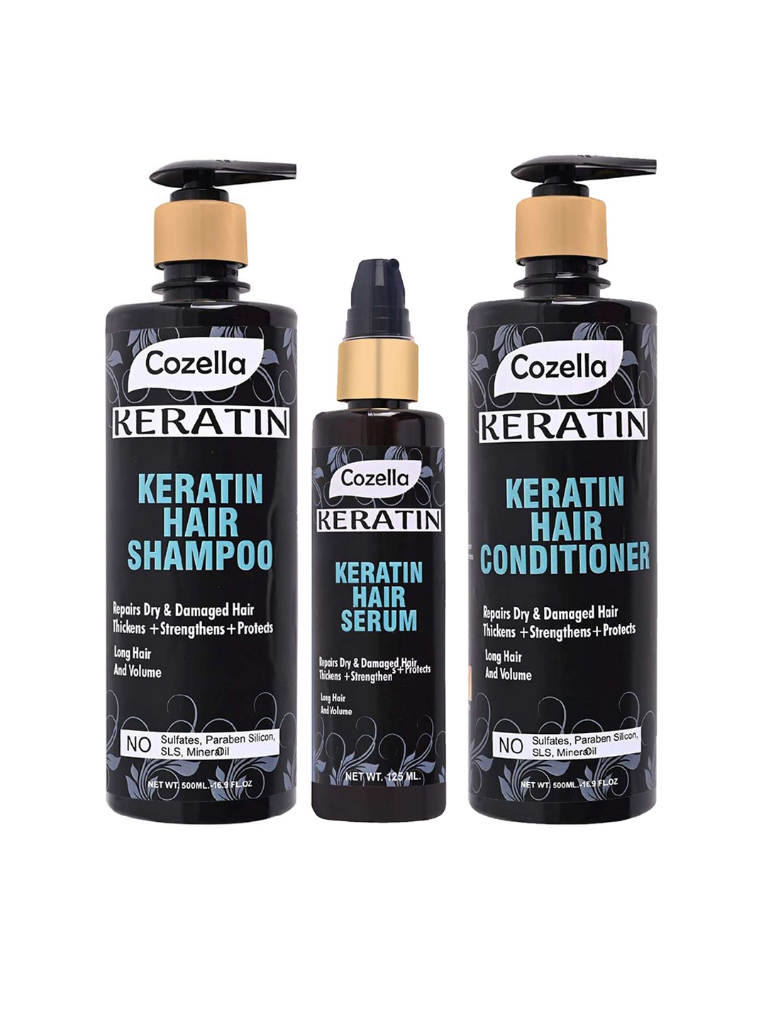 

COZELLA Set of Keratin Hair Shampoo 500 ml + Hair Conditioner 500 ml + Hair Serum 125 ml, Black