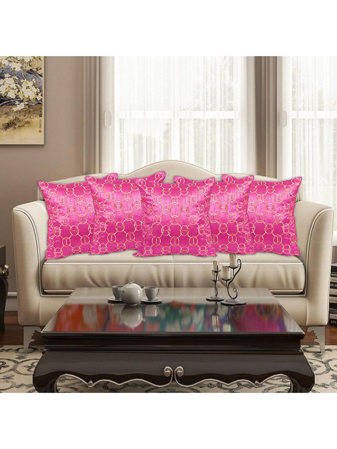 

INDHOME LIFE Pink & Gold-Toned Pack of 5 Embroidered Square Cushion Covers