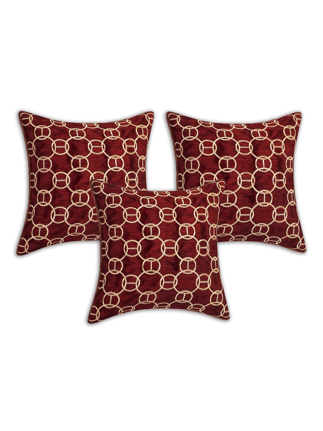 

INDHOME LIFE Set of 3 Maroon & Gold Embroidered Square Cushion Covers
