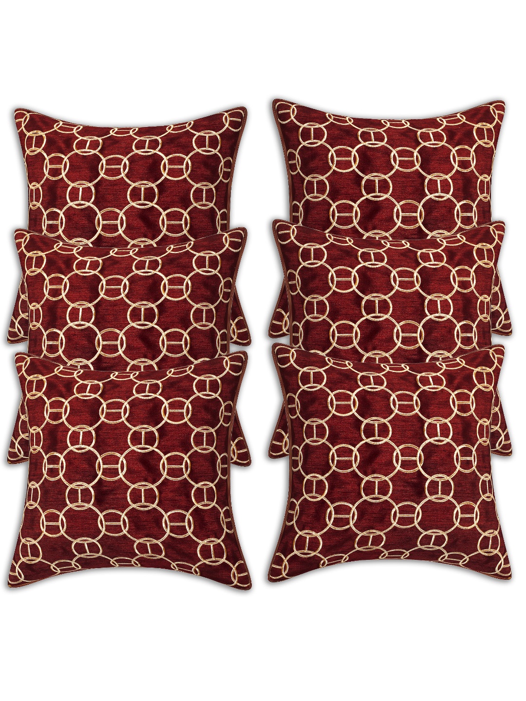 

INDHOME LIFE Set of 6 Burgundy & Gold-Toned Embroidered Square Cushion Covers