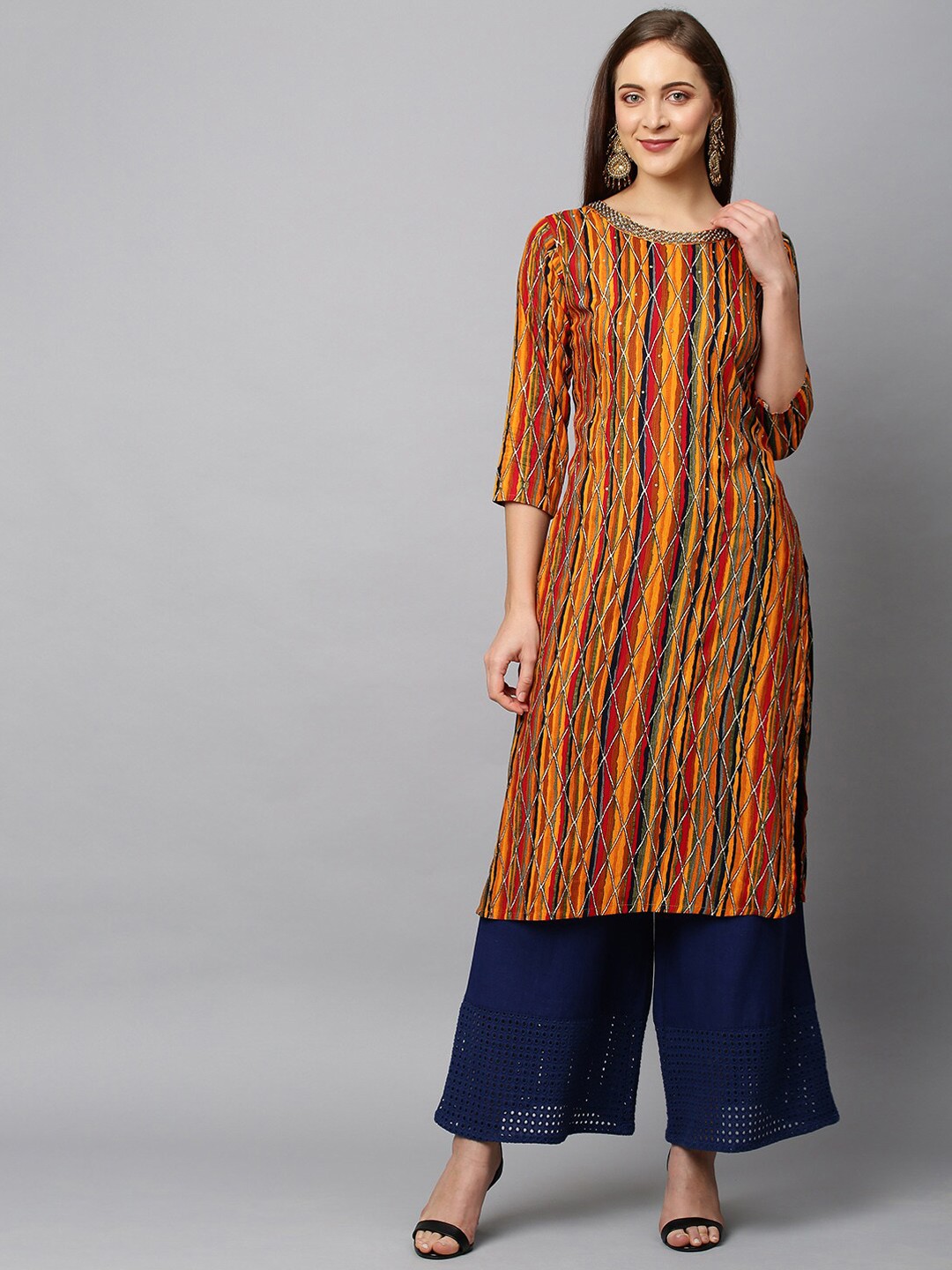 

FASHOR Women Mustard Yellow & Blue Striped Kurta
