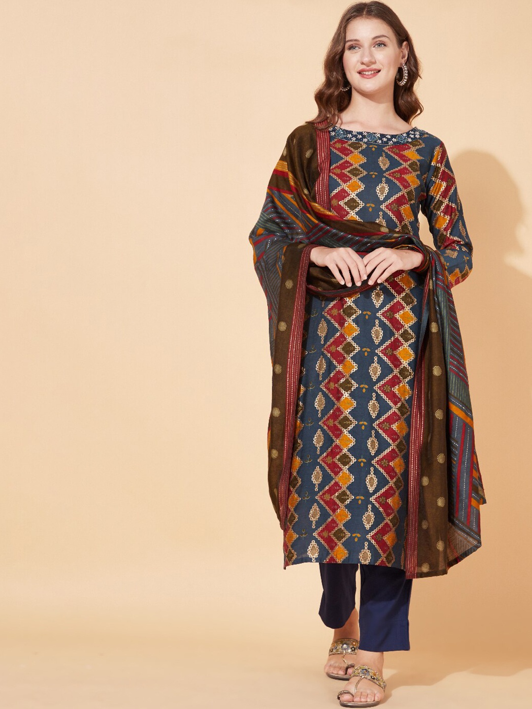 

FASHOR Women Navy Blue Ethnic Motifs Printed Indigo Kurta