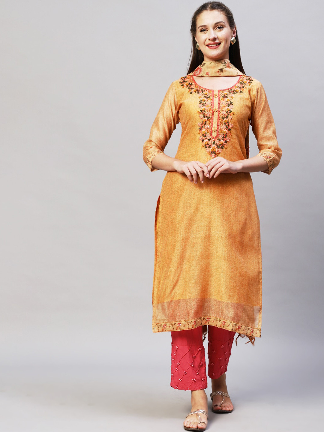 

FASHOR Women Mustard Yellow Ethnic Motifs Chanderi Silk Kurta