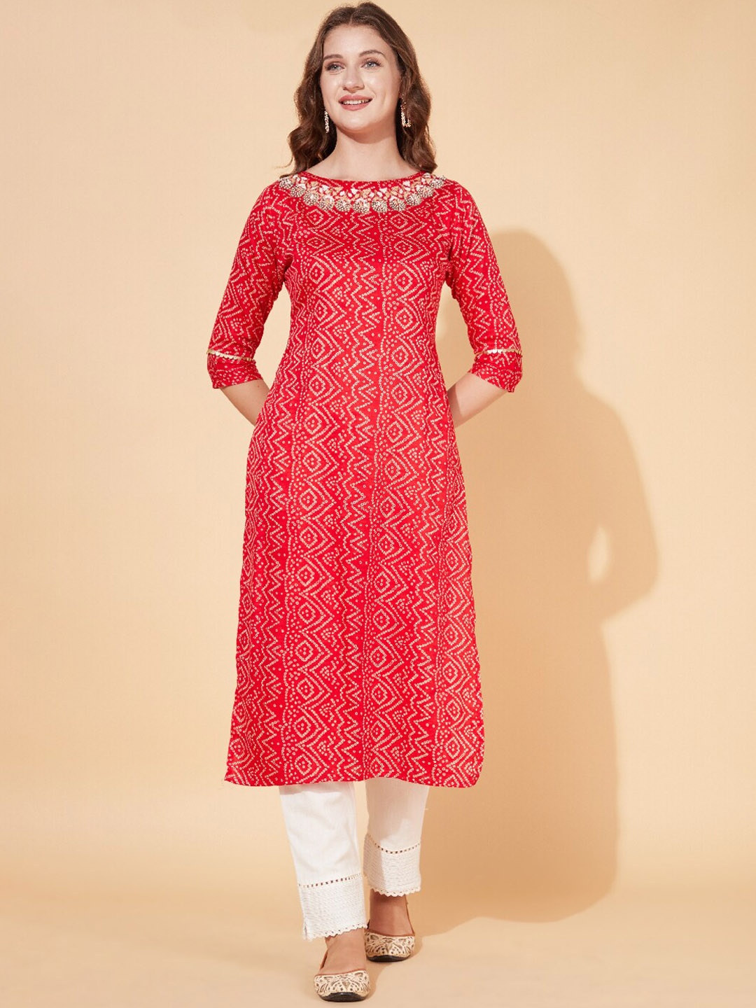 

FASHOR Women Red Bandhani Printed Gotta Patti Kurta