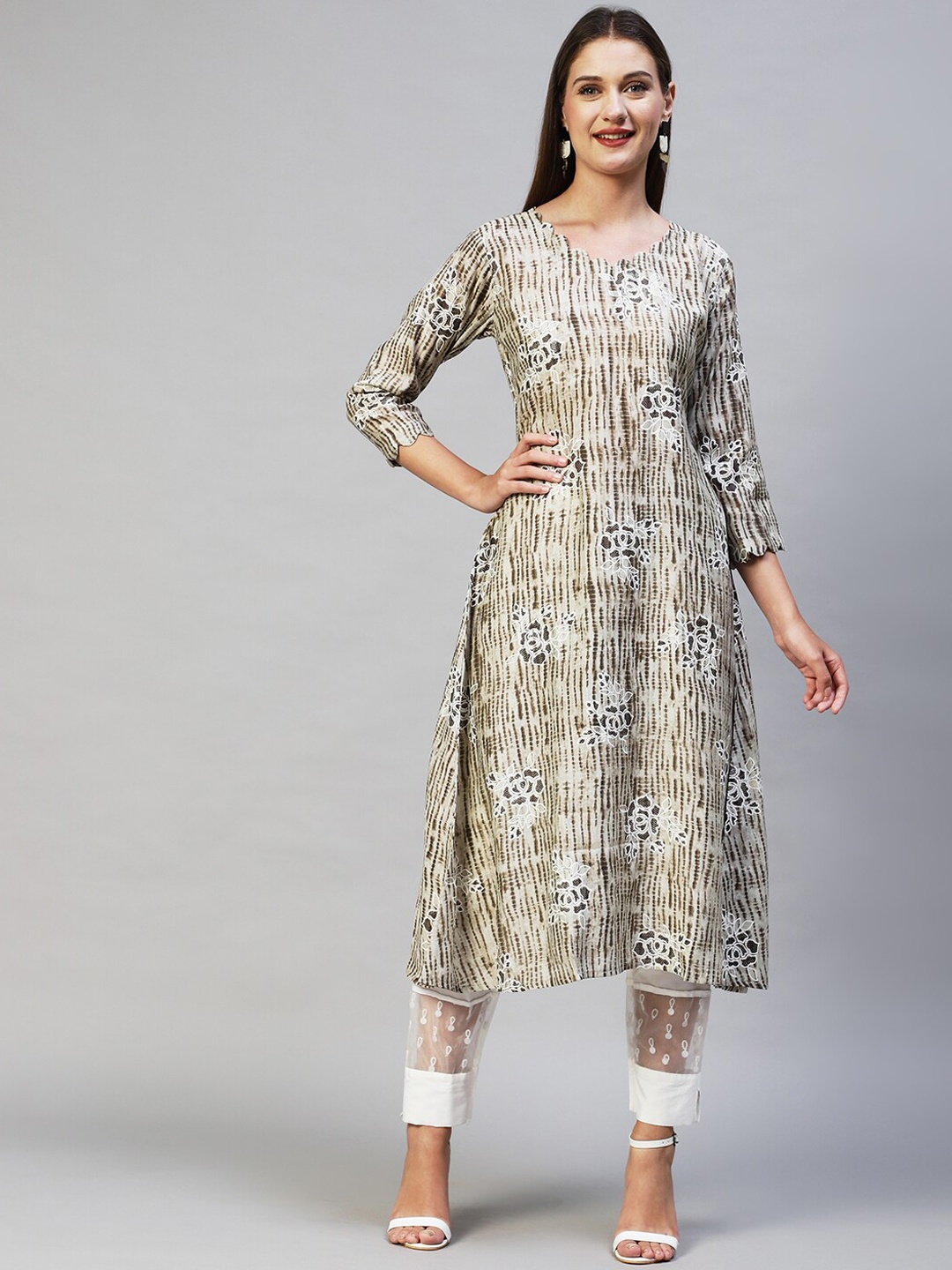 

FASHOR Women Grey Striped Kurta