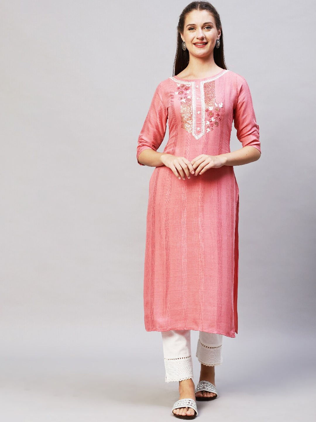 

FASHOR Women Pink Thread Work Kurta