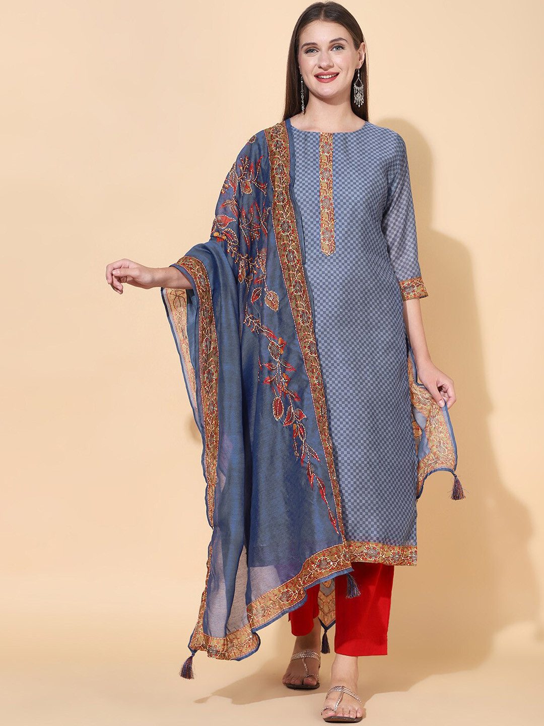 

FASHOR Women Blue Printed Kantha Hand Embroidered Chanderi Silk Kurta with Dupatta