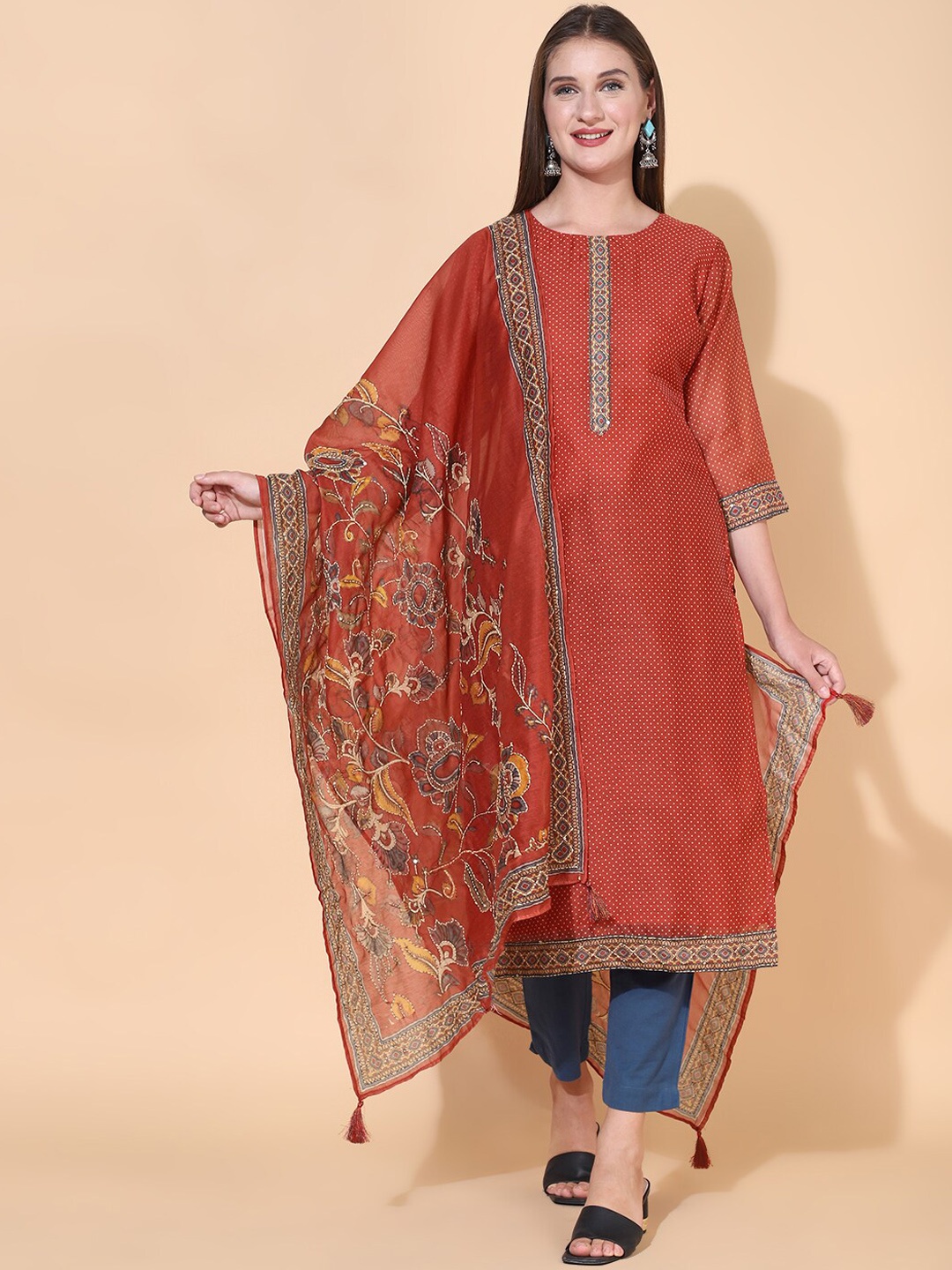 

FASHOR Women Rust Polka Dots Printed & Kantha Hand Embroidered Kurta with Dupatta