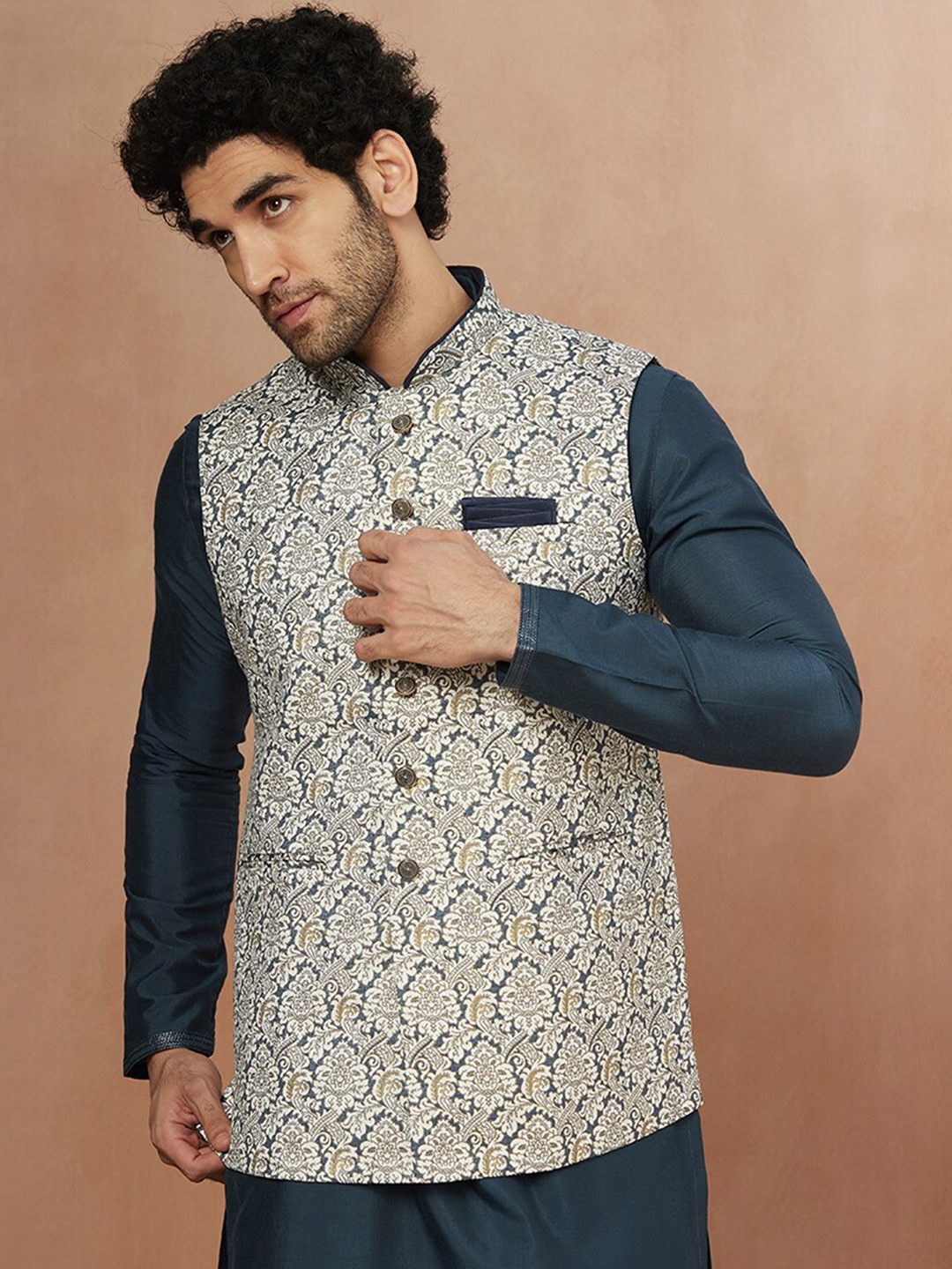 

Manyavar Men White & Blue Printed Woven Nehru Jackets