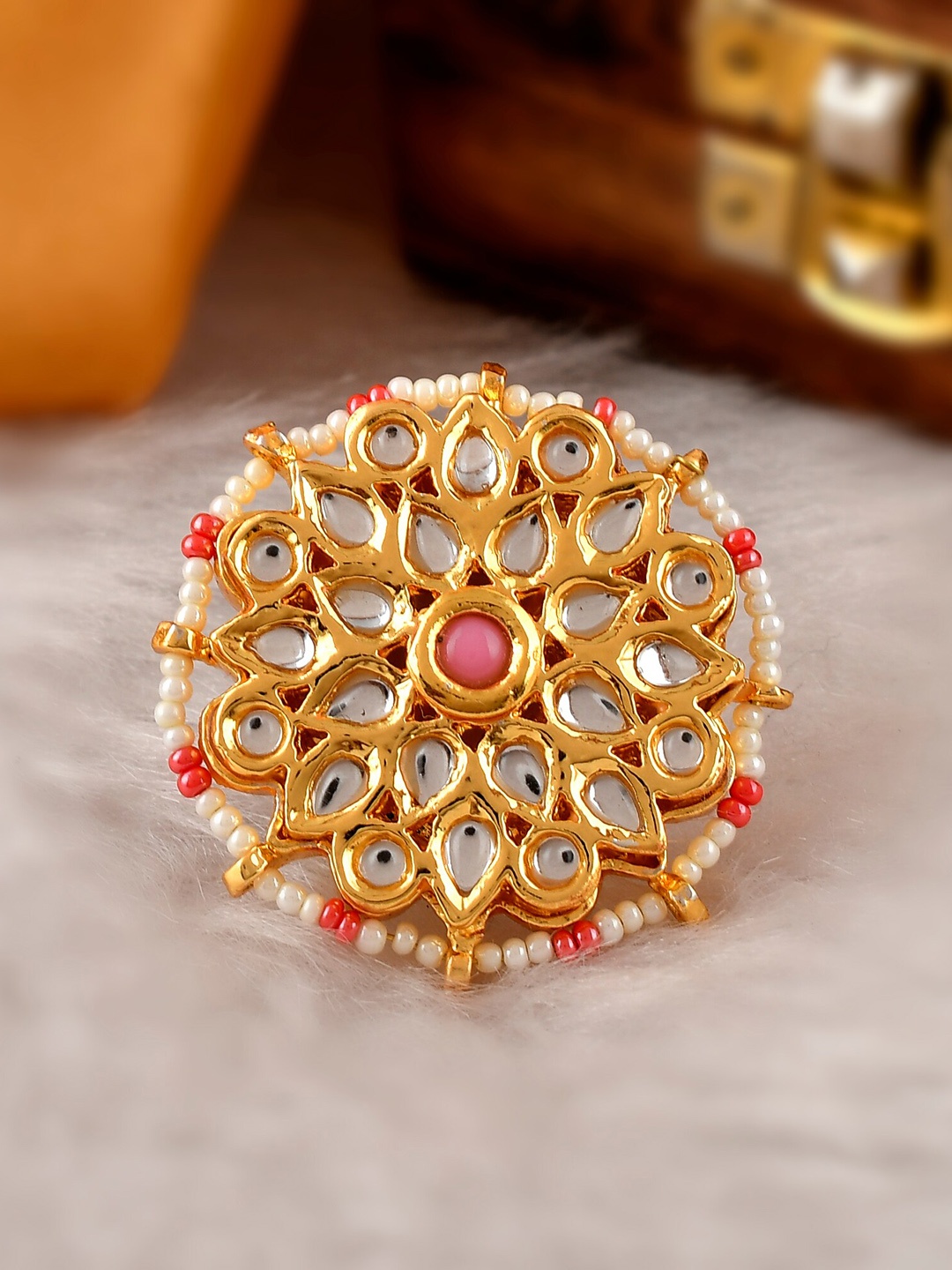 

DASTOOR Gold-Plated White & Pink Kundan-Studded & Beaded Meenakari Adjustable Finger Ring