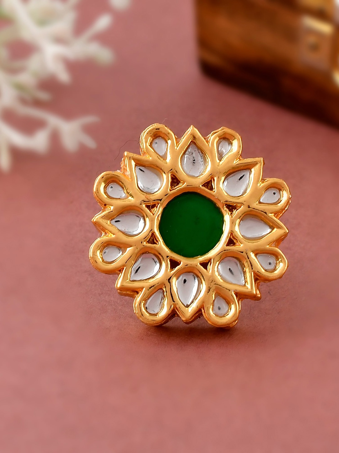 

DASTOOR Gold-Plated White & Green Kundan-Studded & Beaded Adjustable Finger Ring