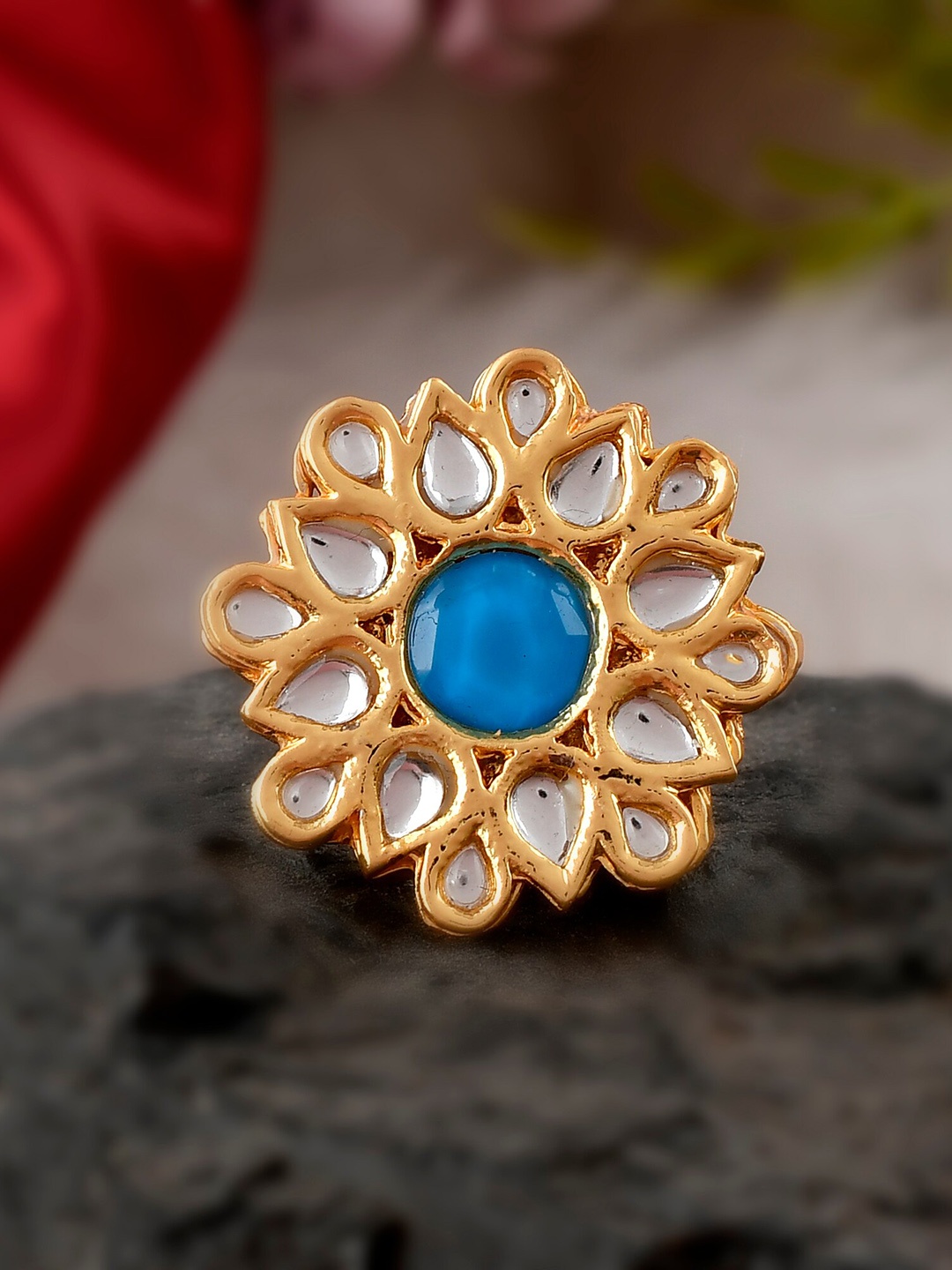 

DASTOOR Gold-Plated White & Blue Kundan-Studded Adjustable Finger Ring