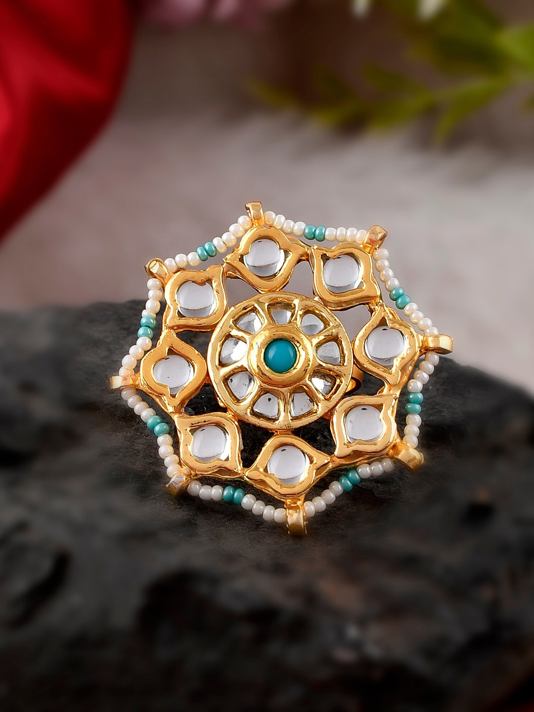 

DASTOOR Gold-Plated Blue & White Kundan Studded Meenakari Finger Ring