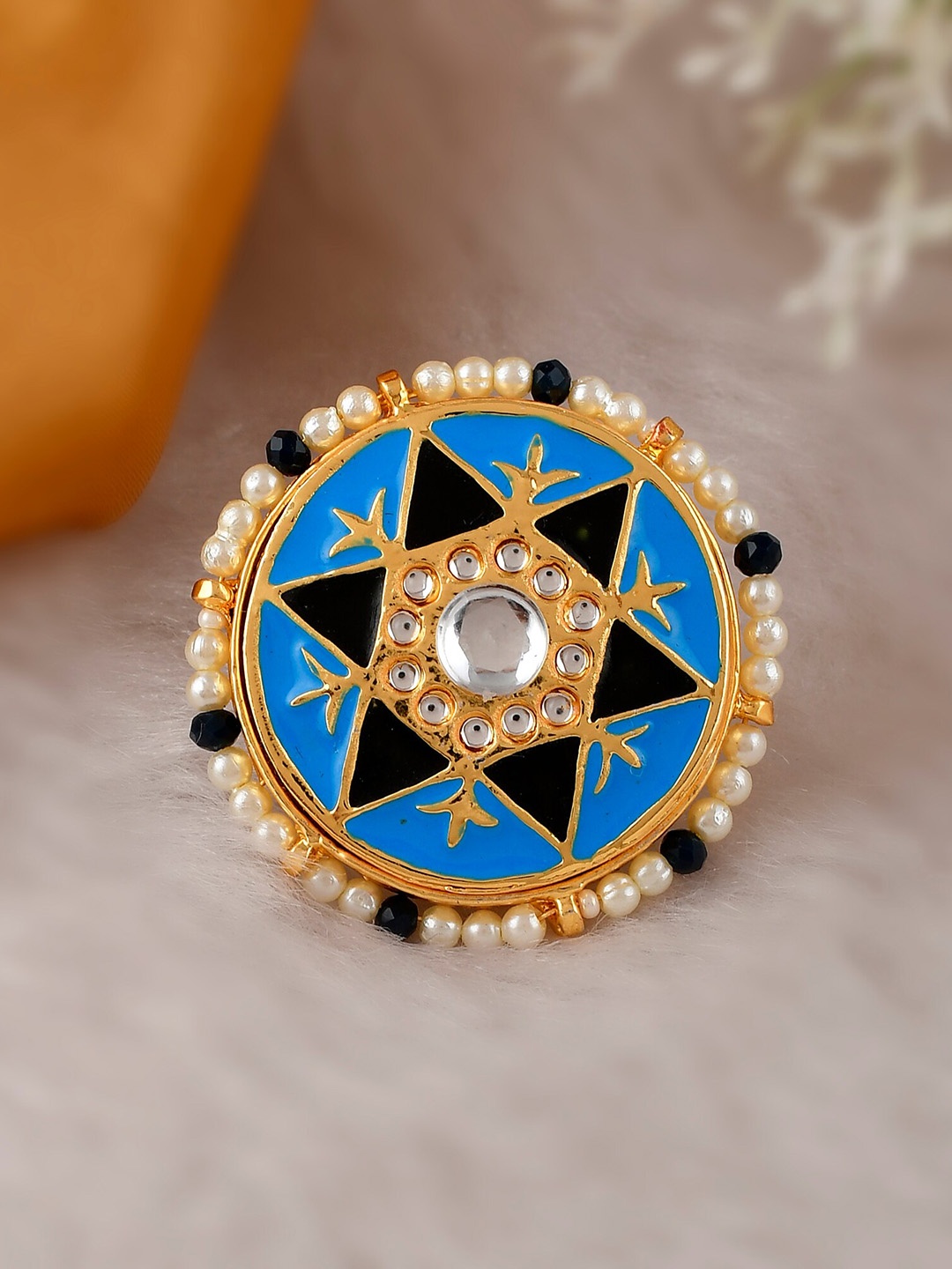 

DASTOOR Women Gold-Plated Blue Kundan-Studded Finger Ring