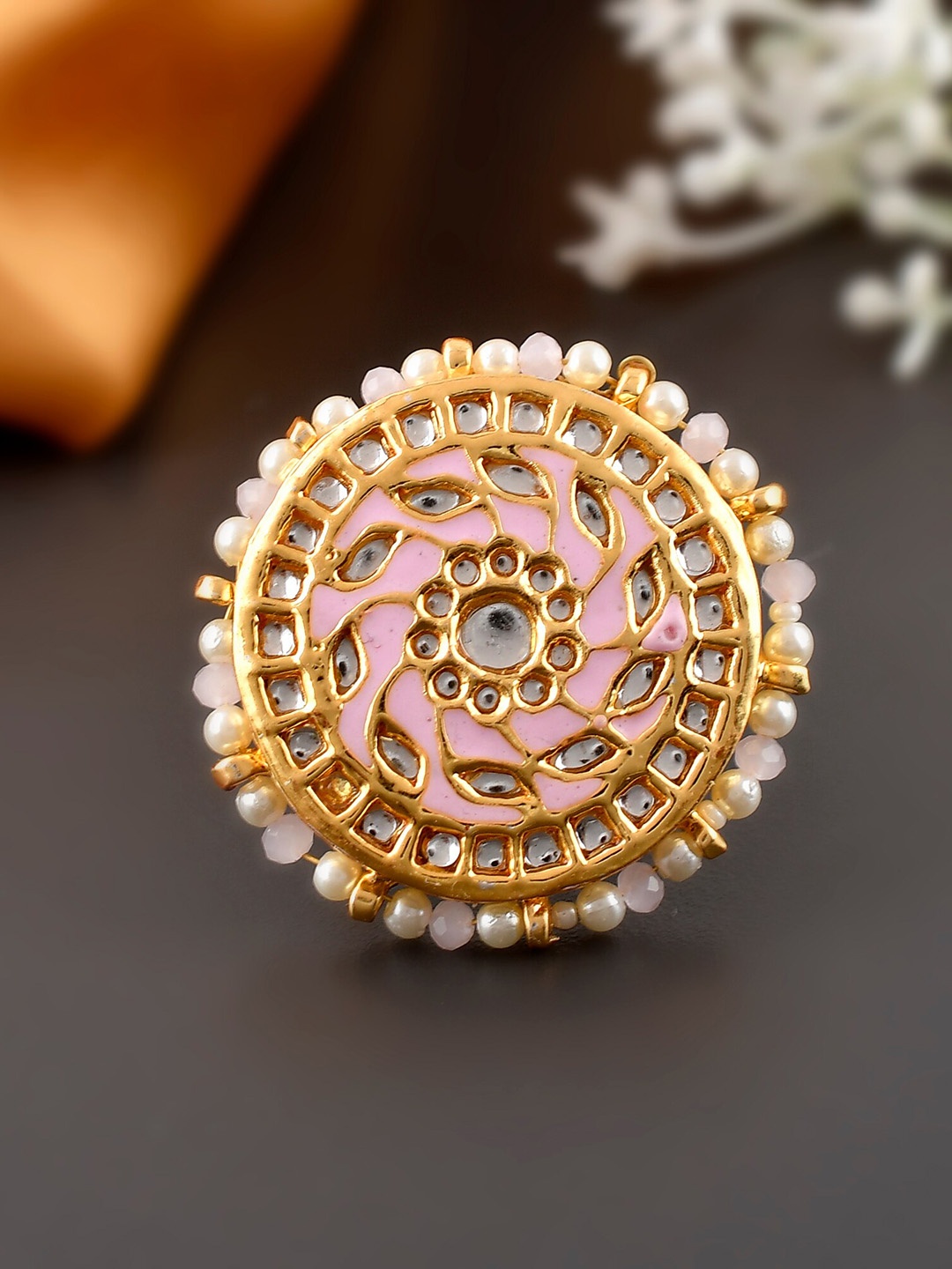 

DASTOOR Women Gold-Plated White Kundan-Studded & Beaded Adjustable Finger Ring
