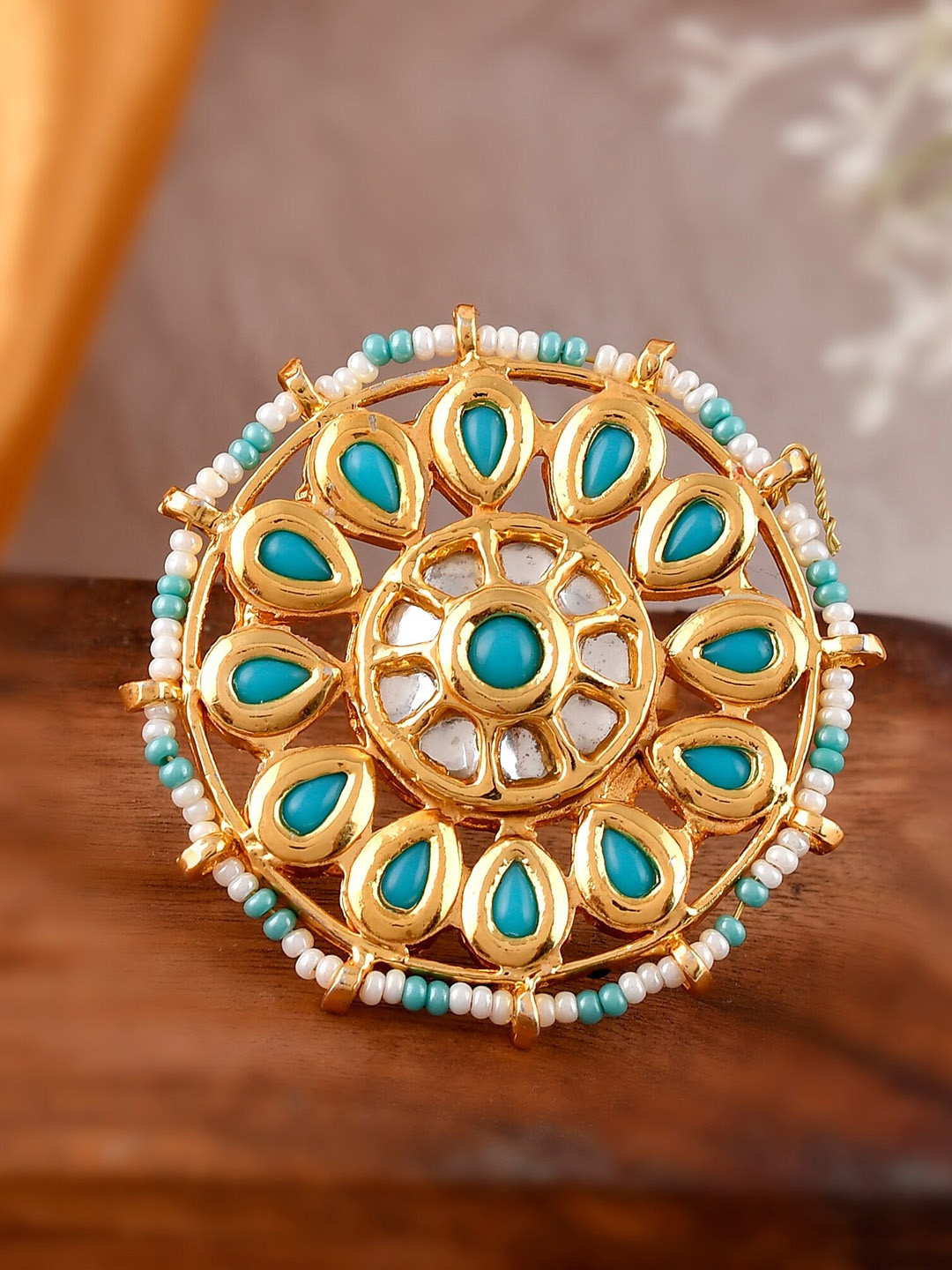 

DASTOOR Women Gold-Plated Blue & White Kundan-Studded Adjustable Finger Ring