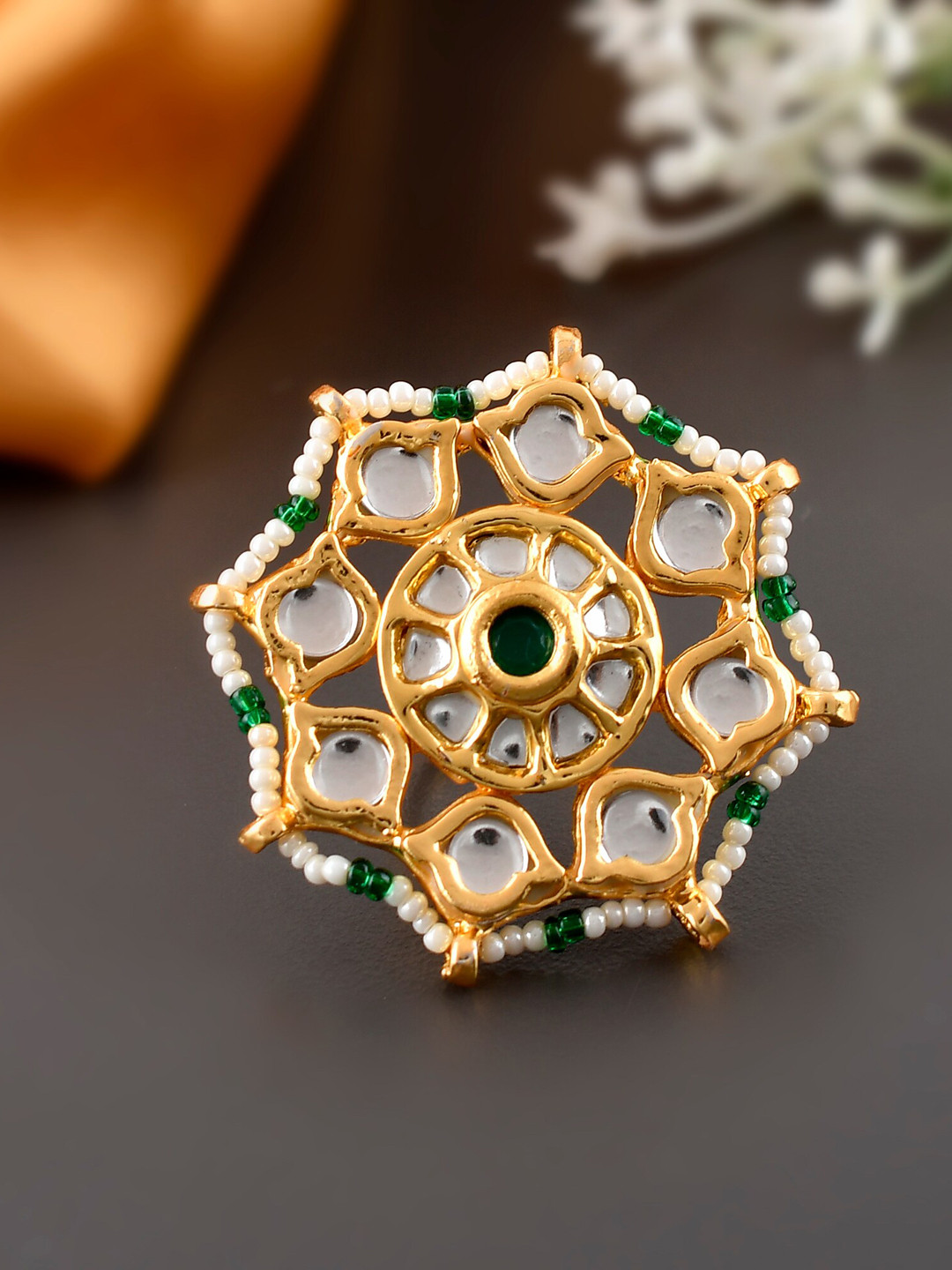 

DASTOOR Gold-Plated White & Green Kundan Studded & Beaded Ring