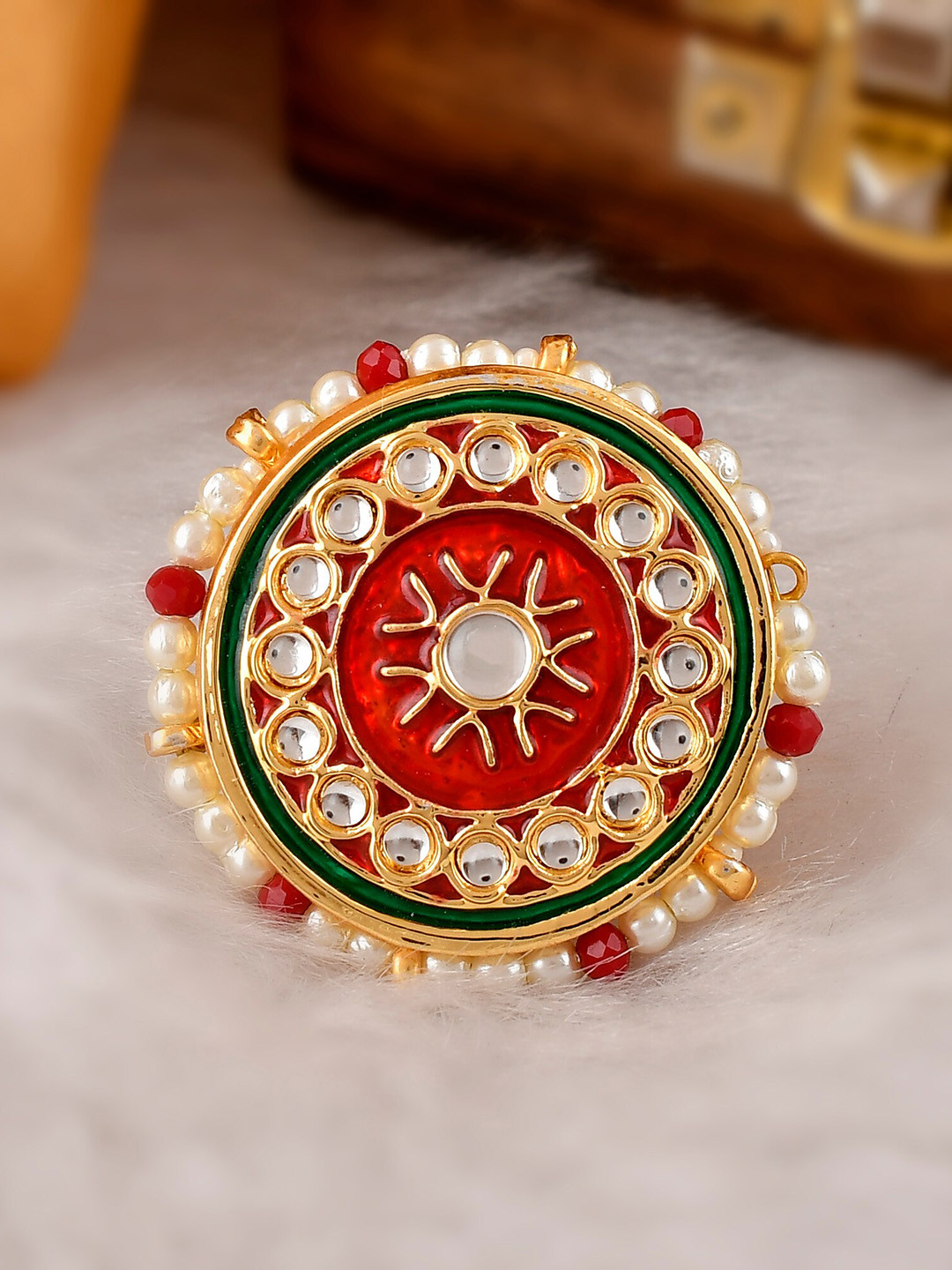 

DASTOOR Gold-Plated White & Red Kundan-Studded & Beaded Meenakari Adjustable Finger Ring