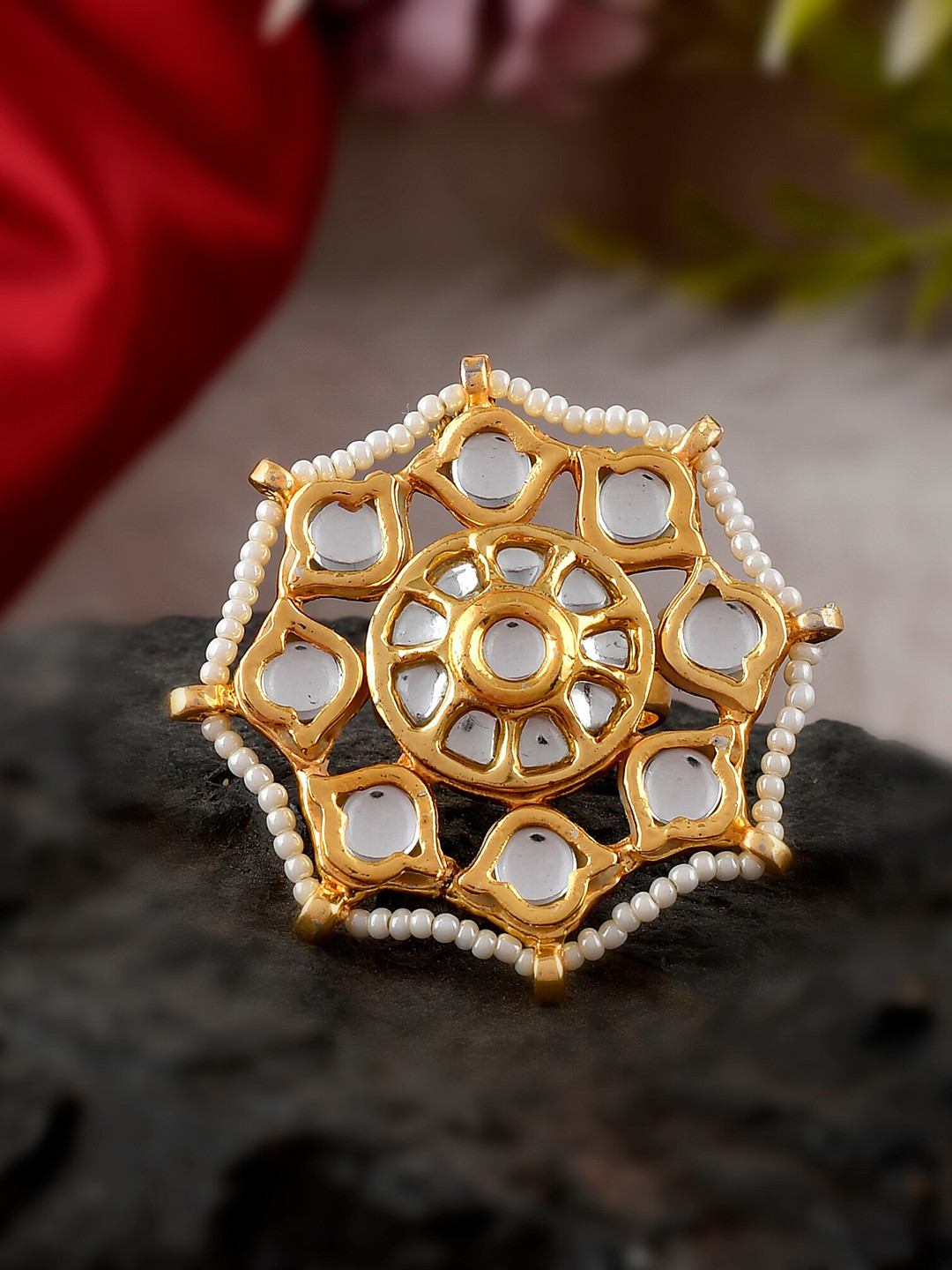 

DASTOOR Gold-Plated White Kundan-Studded & Beaded Adjustable Finger Ring