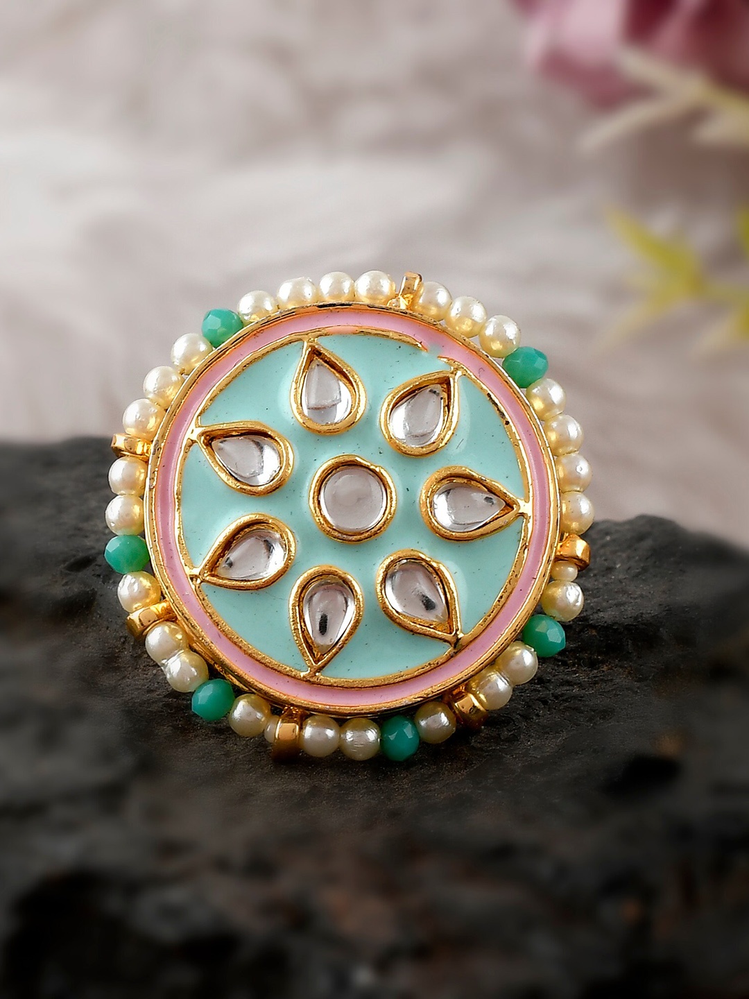 

DASTOOR Women Gold-Plated White & Green Kundan-Studded & Beaded Adjustable Finger Ring