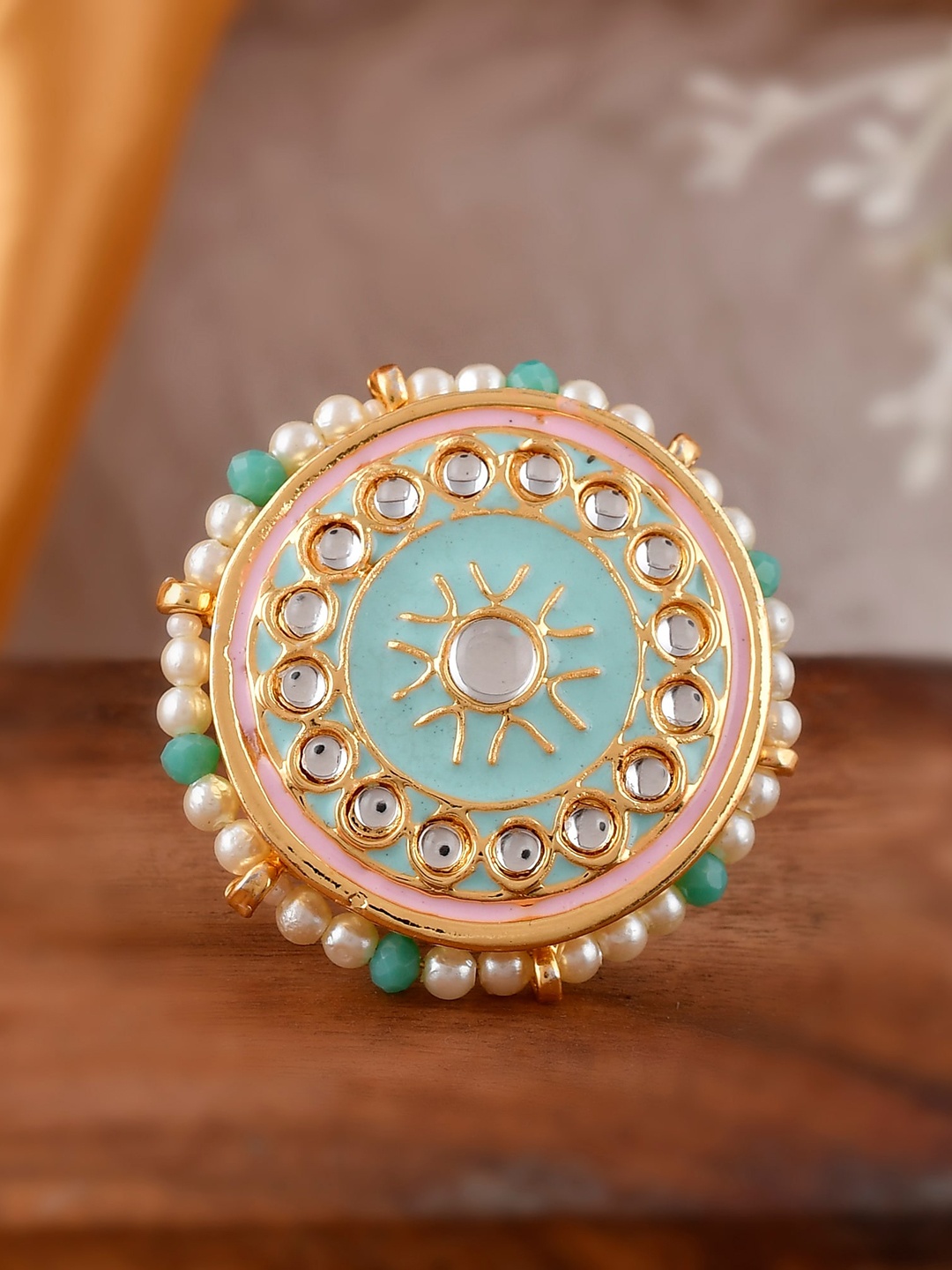 

DASTOOR Women Gold White & Green Kundan-Studded & Beaded Meenakari Adjustable Finger Ring