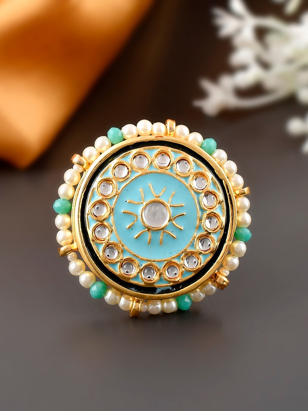 

DASTOOR Gold-Plated Blue Kundan-Studded Finger Ring