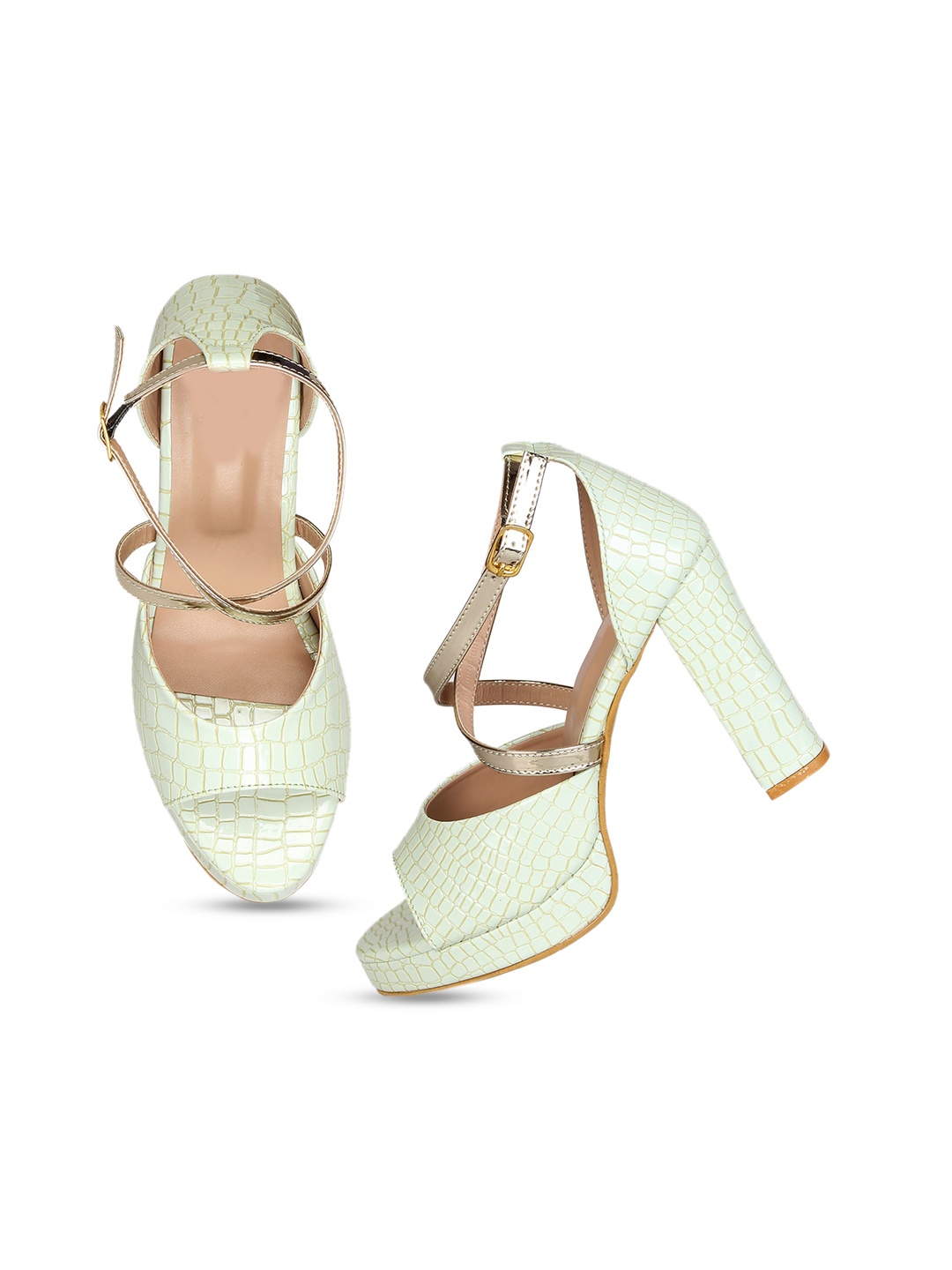 

Glitzy Galz Green Textured High-Top Platform Peep Toes with Buckles