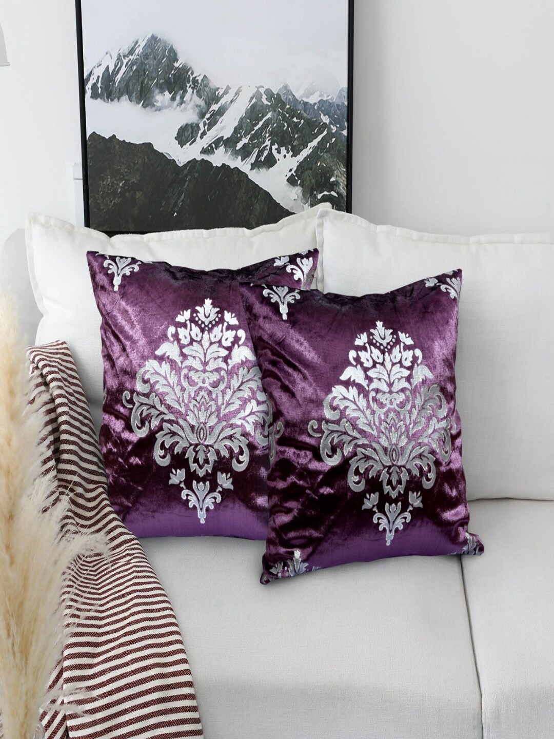 

INDHOME LIFE Purple & Silver-Toned Set of 2 Floral Velvet Square Cushion Covers