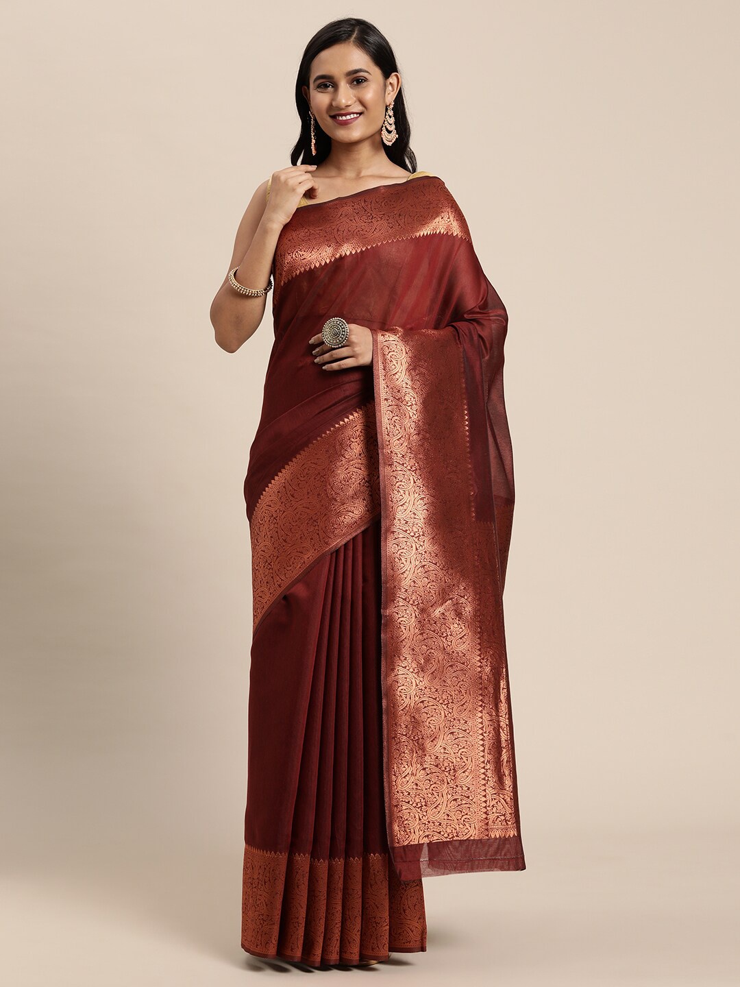

GAJARAI Maroon & Gold-Toned Zari Silk Blend Banarasi Saree