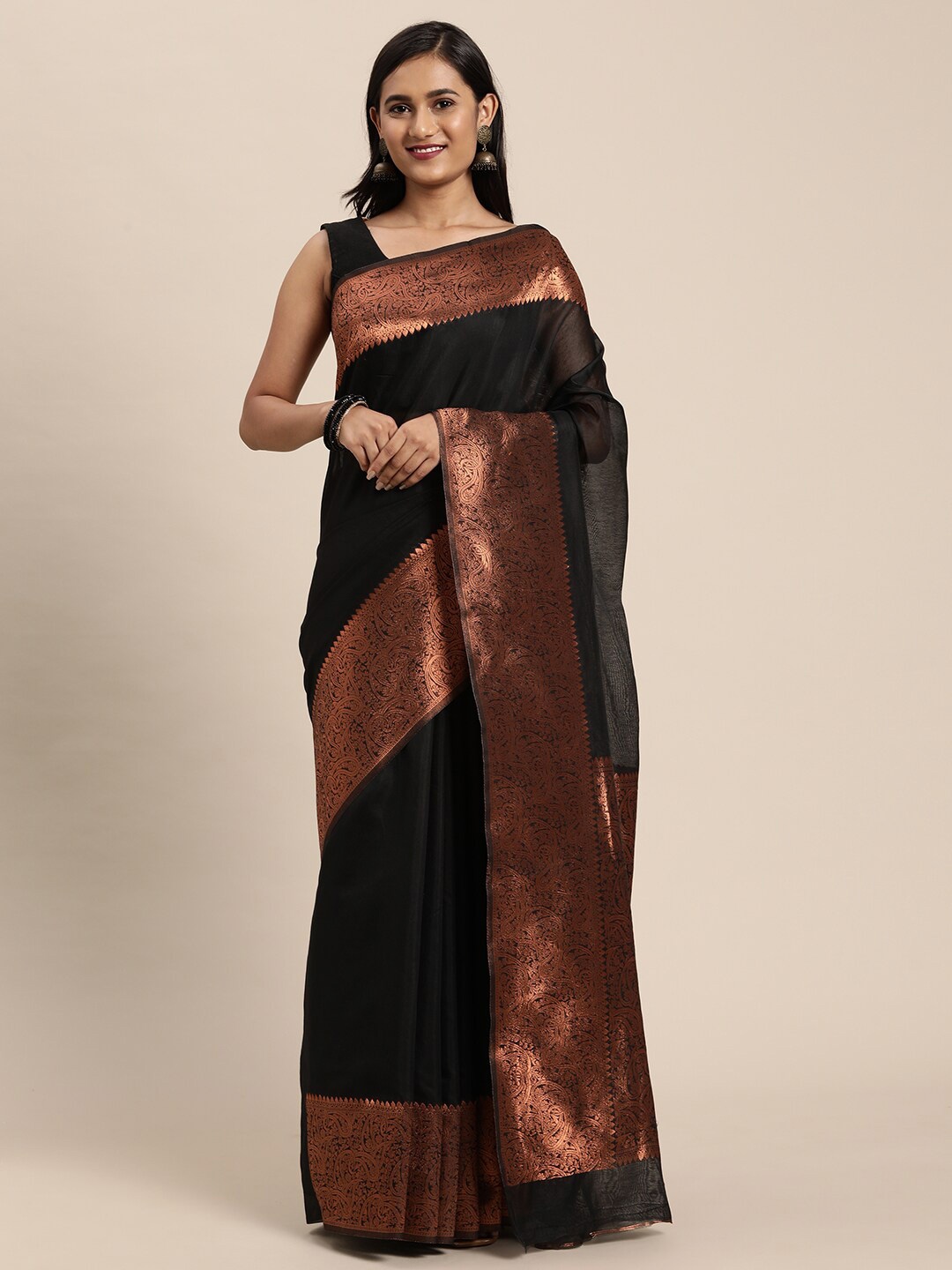 

GAJARAI Black & Copper-Toned Ethnic Motifs Silk Blend Banarasi Saree