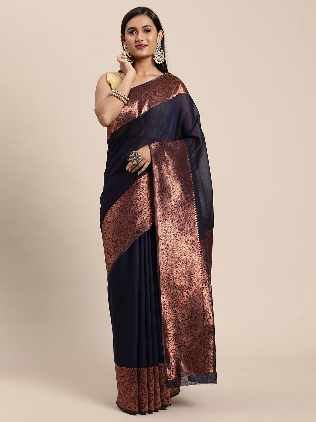 

GAJARAI Blue & Copper-Toned Zari Silk Blend Banarasi Saree