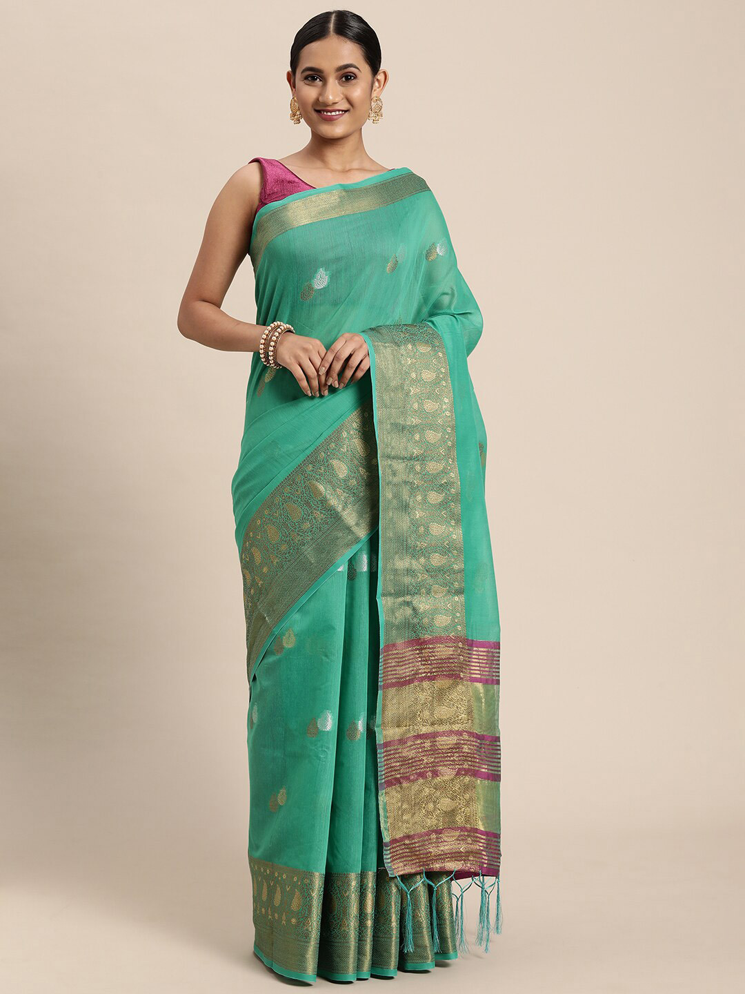 

GAJARAI Green & Magenta Woven Design Zari Silk Cotton Banarasi Saree