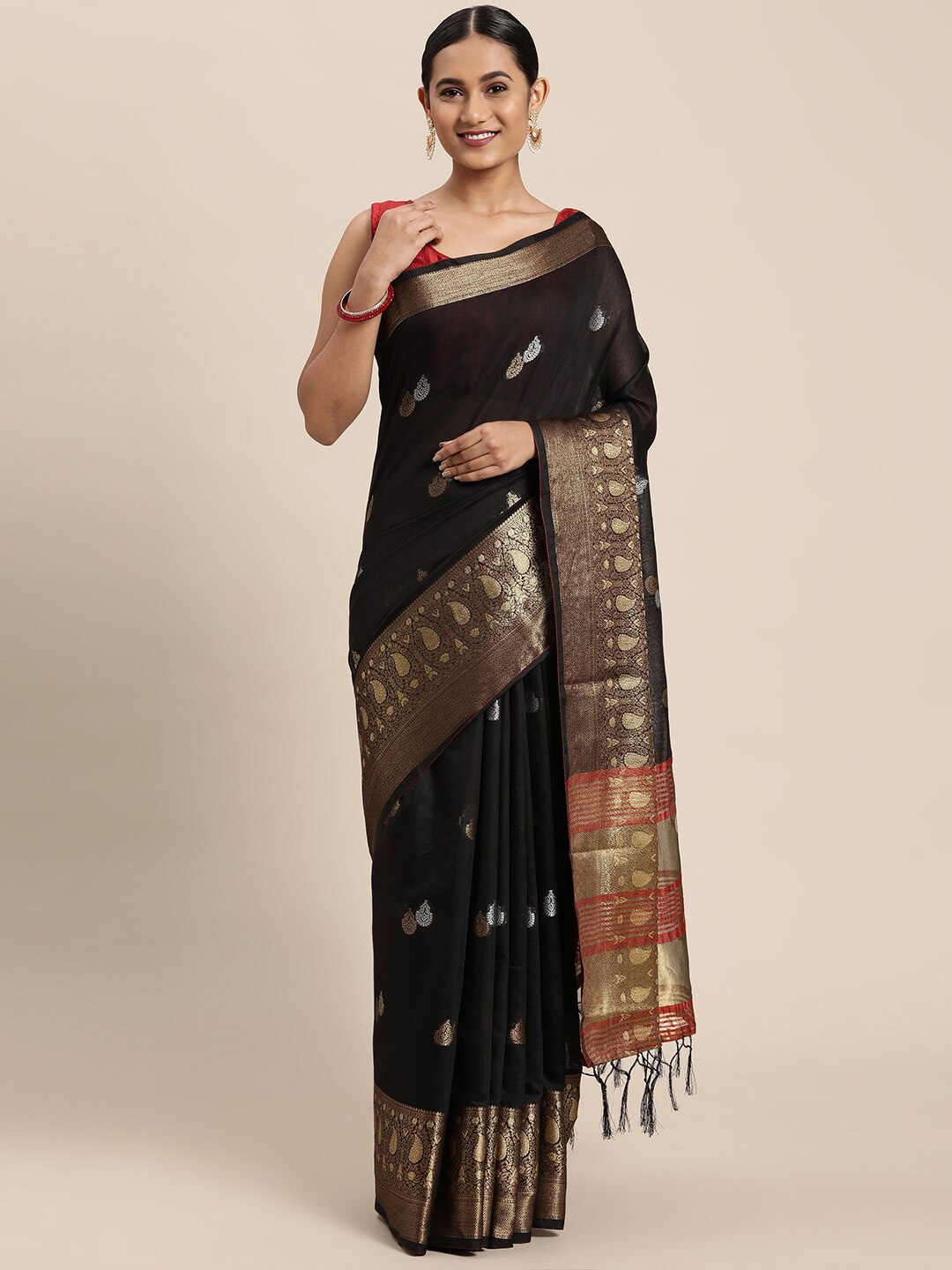 

GAJARAI Black & Red Ethnic Motifs Zari Silk Cotton Chanderi Saree
