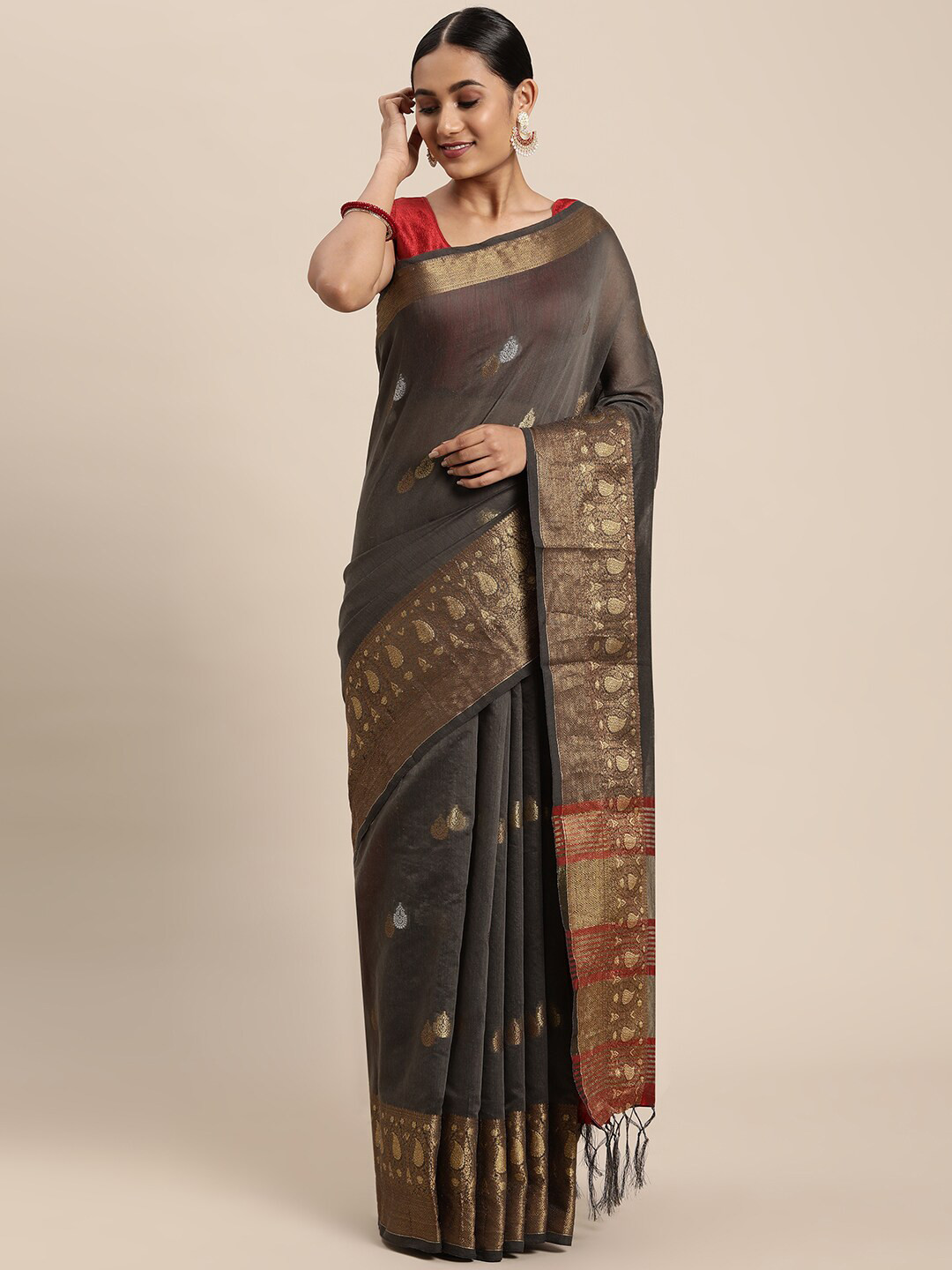 

GAJARAI Grey & Red Woven Design Zari Silk Cotton Chanderi Saree