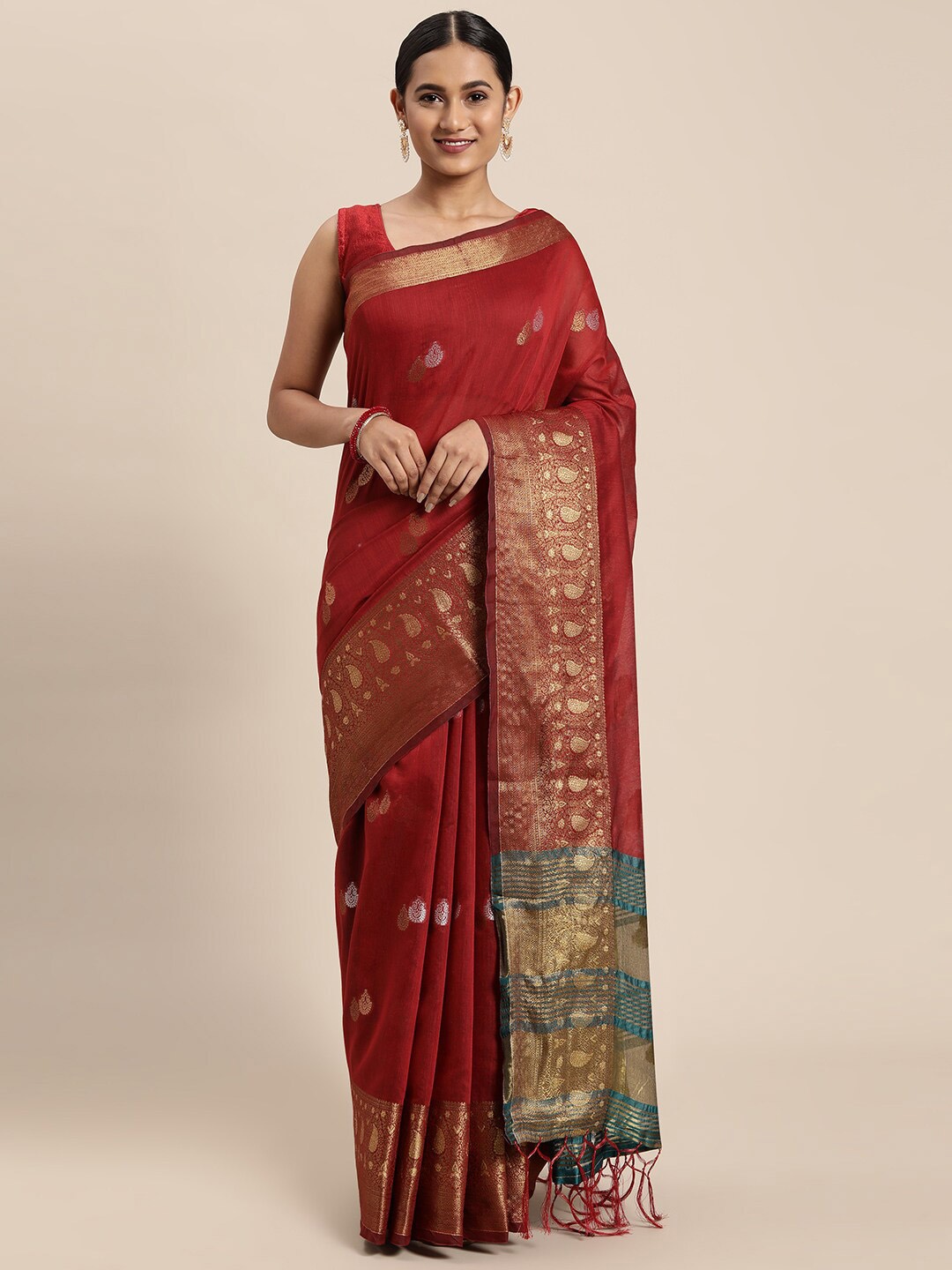 

GAJARAI Maroon & Gold-Toned Woven Design Zari Silk Cotton Chanderi Saree