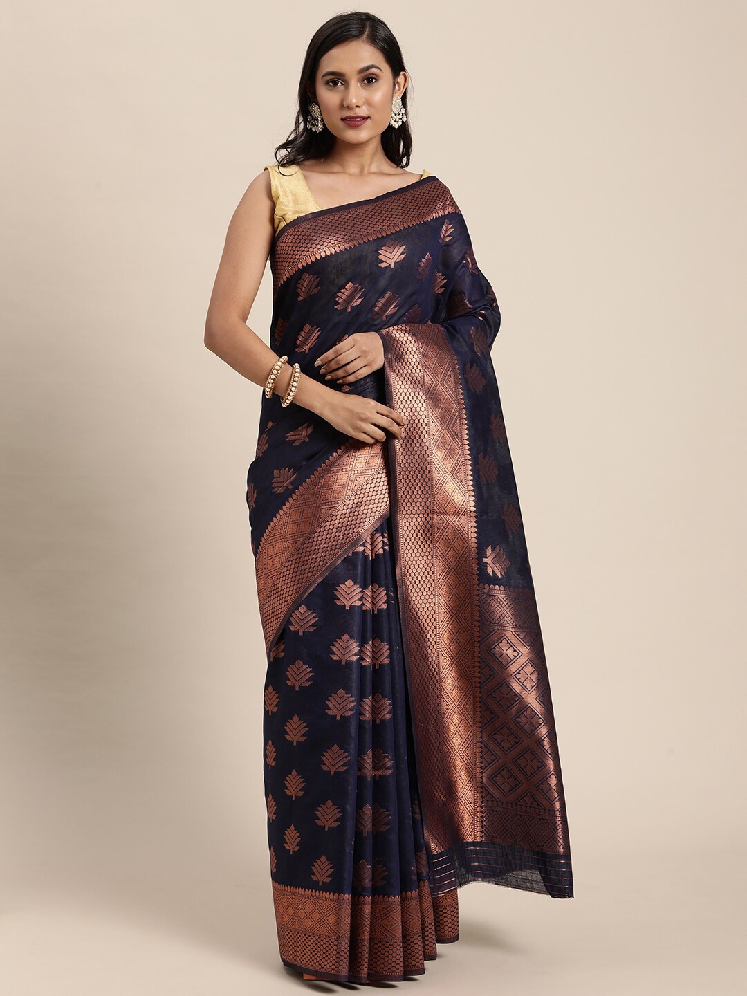 

GAJARAI Blue & Copper-Toned Woven Design Zari Silk Blend Banarasi Saree