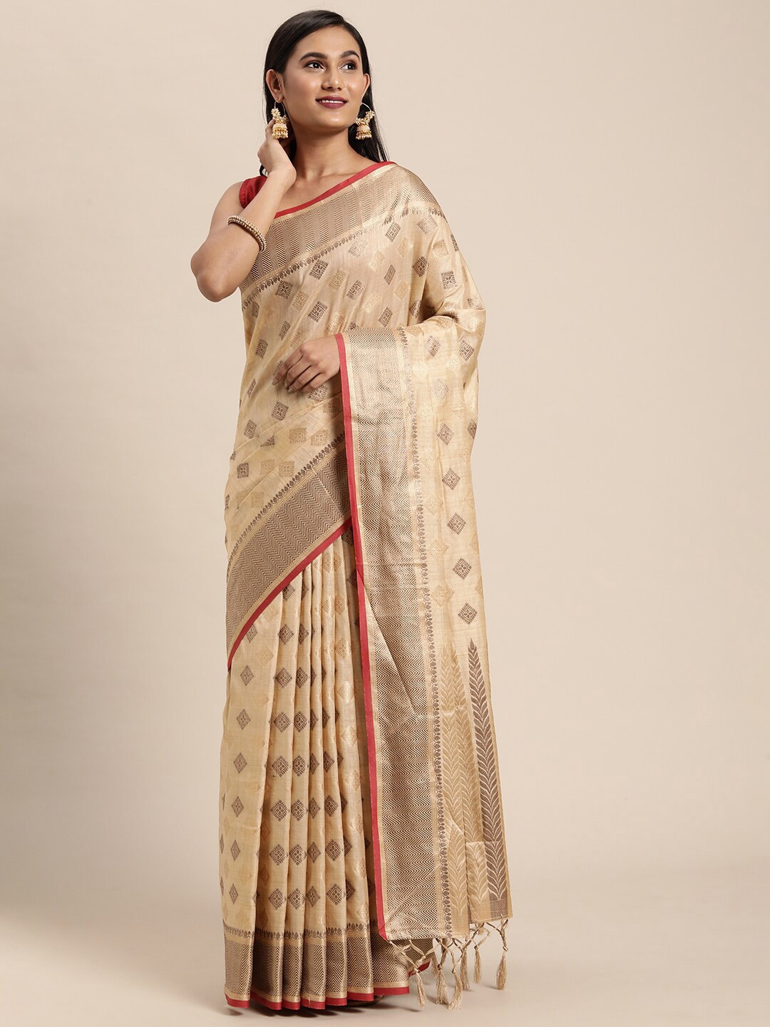 

GAJARAI Beige & Pink Woven Design Zari Silk Cotton Chanderi Saree