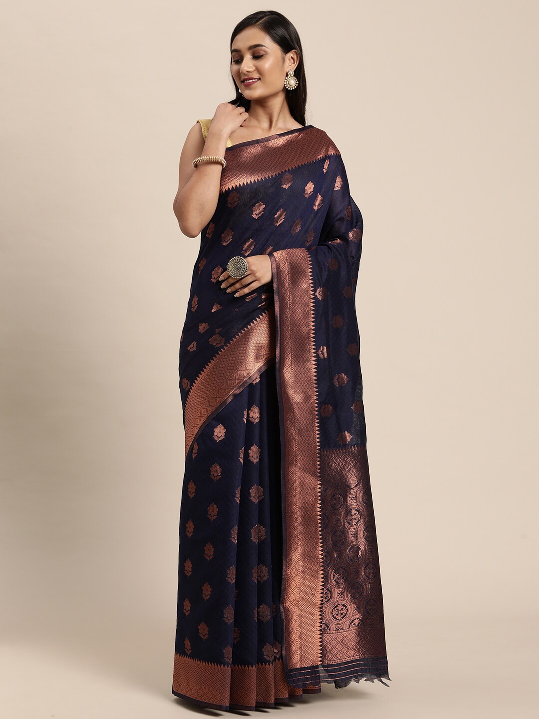 

GAJARAI Navy Blue & Copper-Toned Woven Design Zari Silk Blend Banarasi Saree