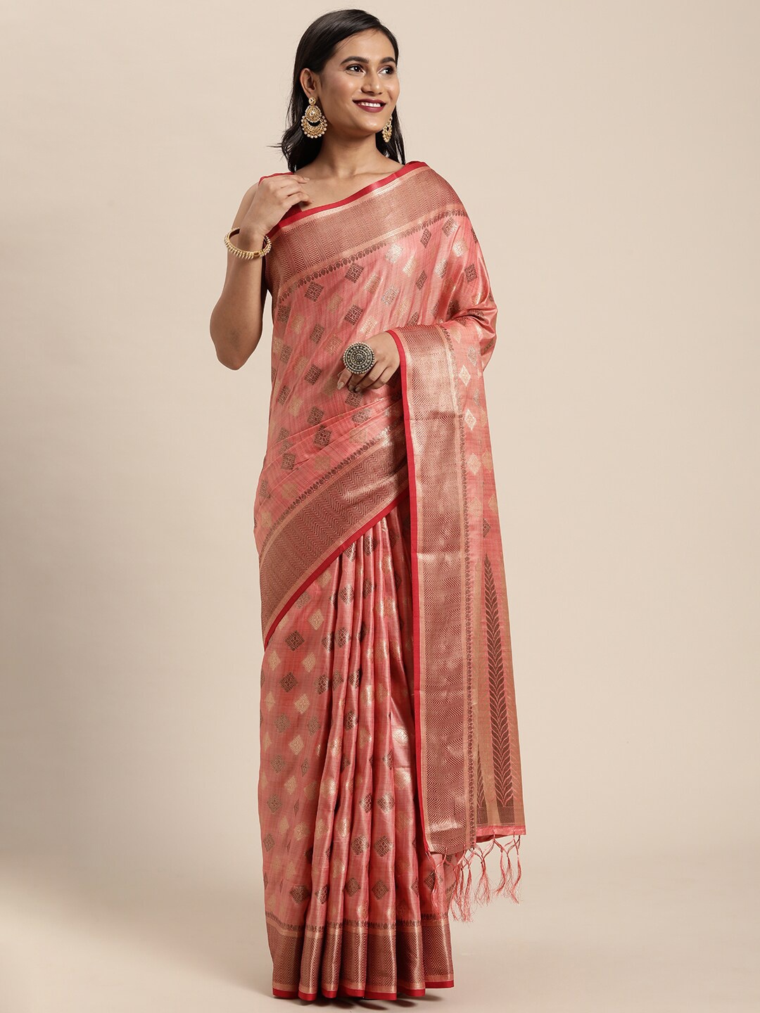 

GAJARAI Orange & Gold-Toned Woven Design Zari Silk Cotton Chanderi Saree