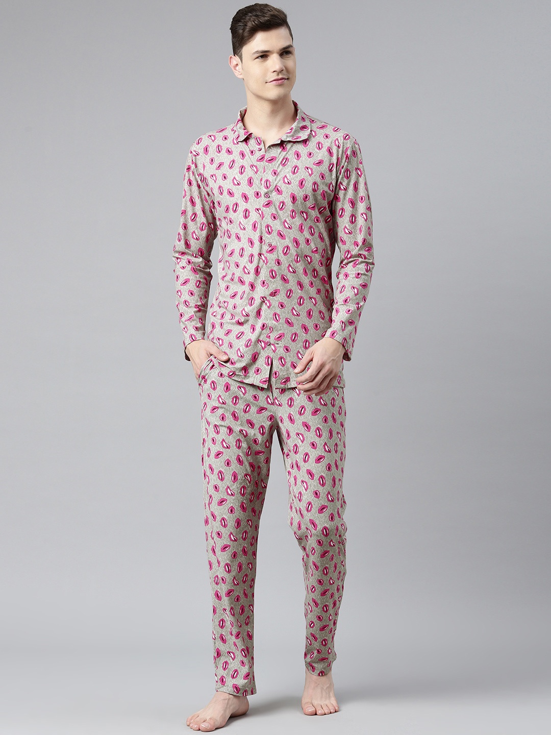 

IC4 Men Grey & Pink Printed Printed Night suit