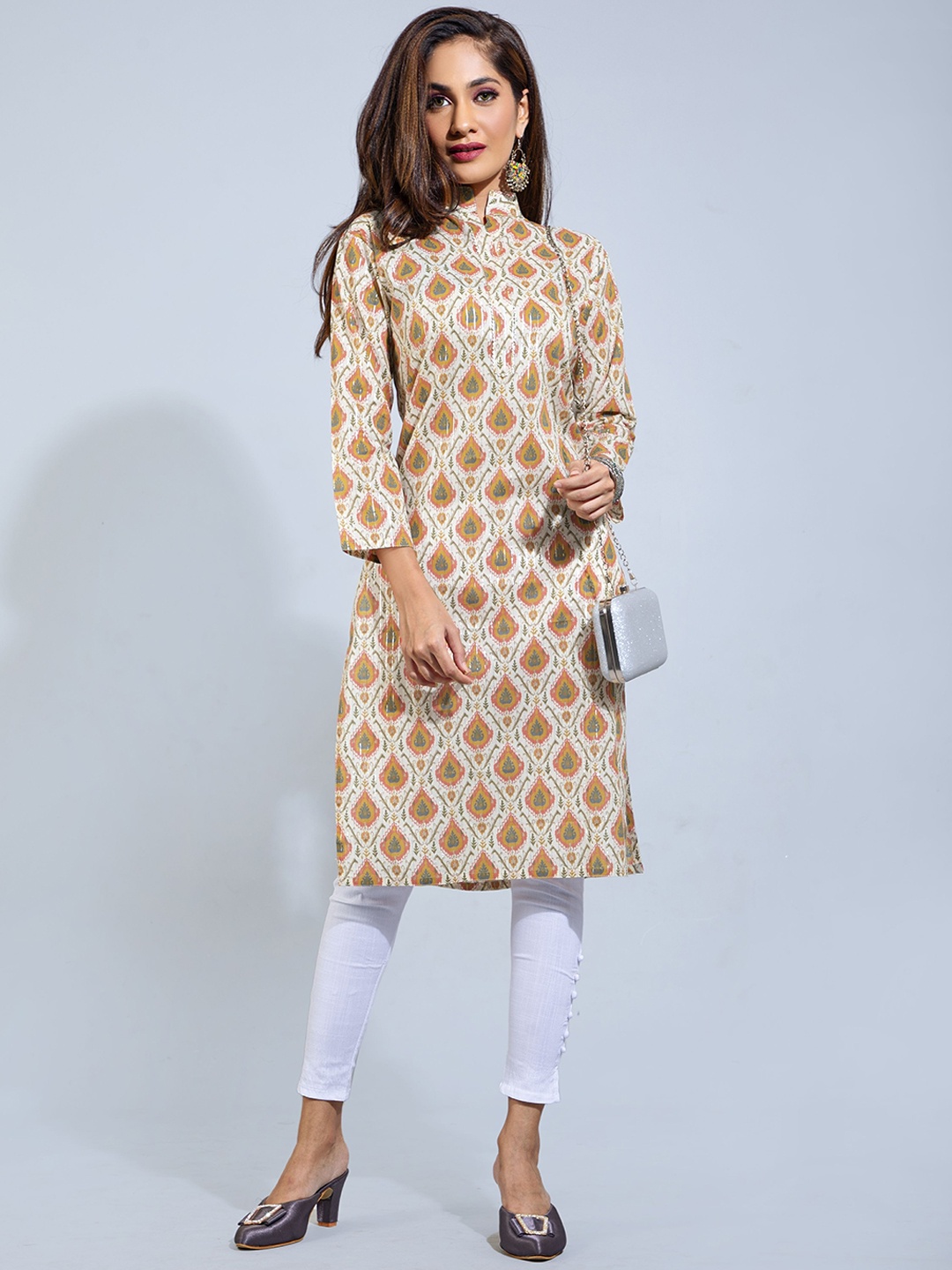 

POONAM DESIGNER Women Cream-Coloured & Orange Ethnic Motifs Printed Kurta