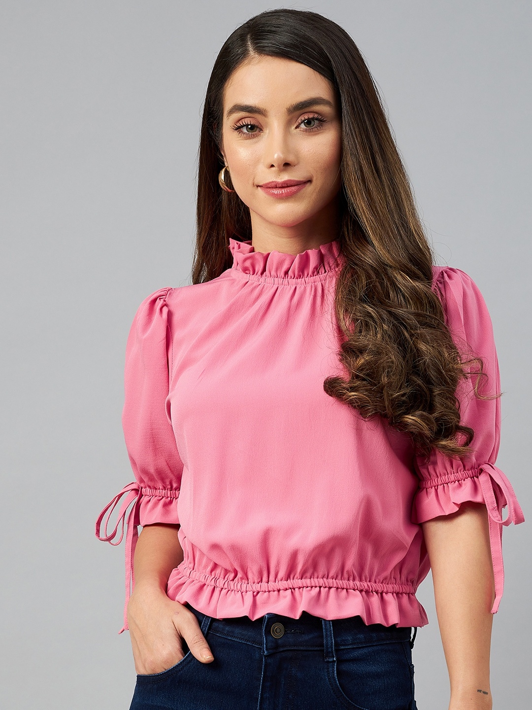 

plusS Pink Solid Mandarin Collar Blouson Top