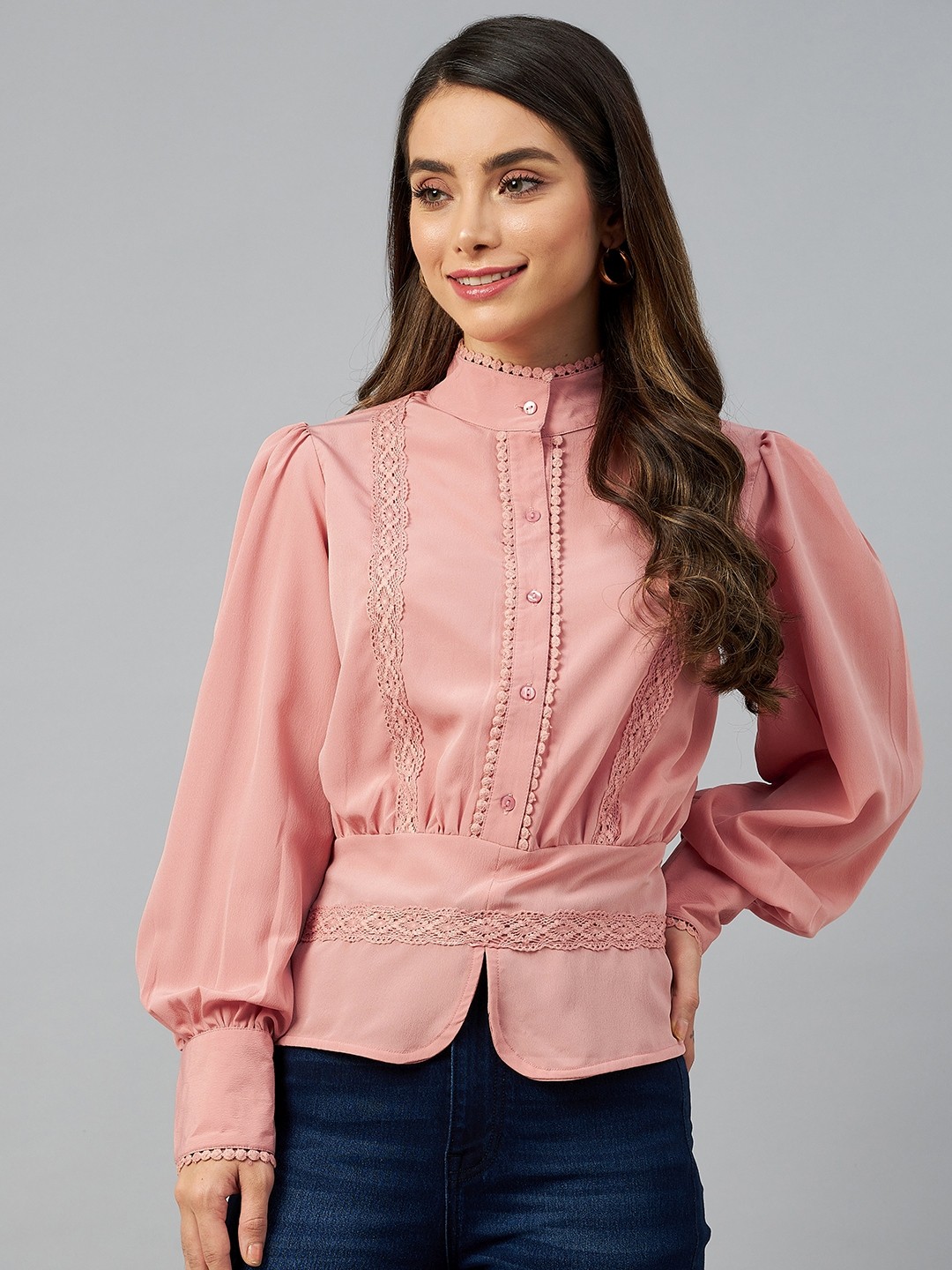 

plusS Pink Solid Lace Insert Detail Bishop Sleeves Top