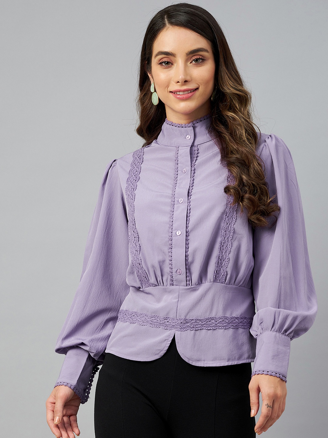 

plusS Purple Solid Lace Insert Detail Bishop Sleeves Top