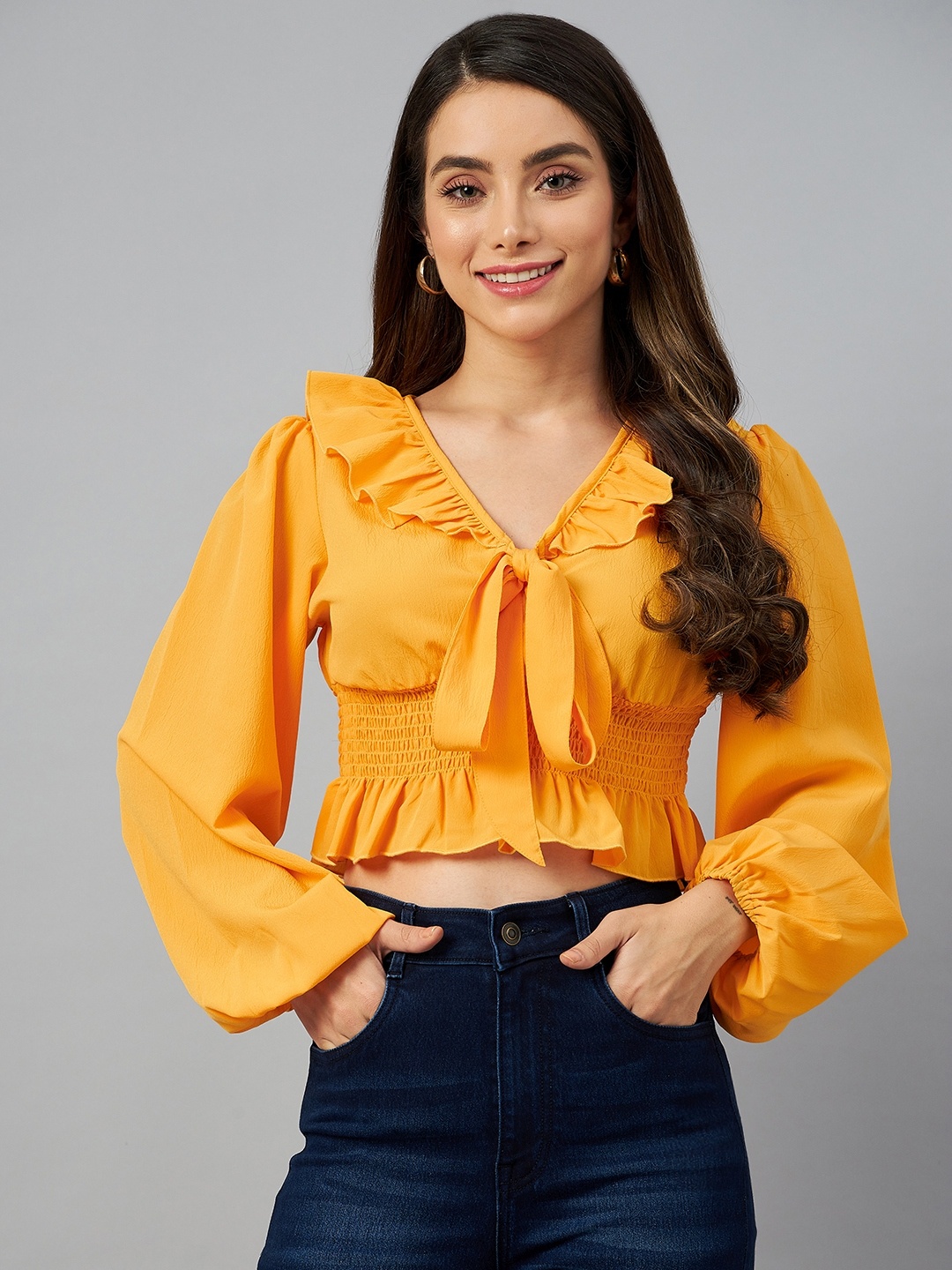 

plusS Yellow Solid Ruffles Detail Smocked Crop Top