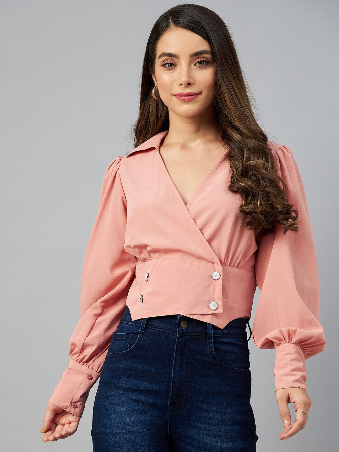 

plusS Pink Solid Bishop Sleeves Wrap Top