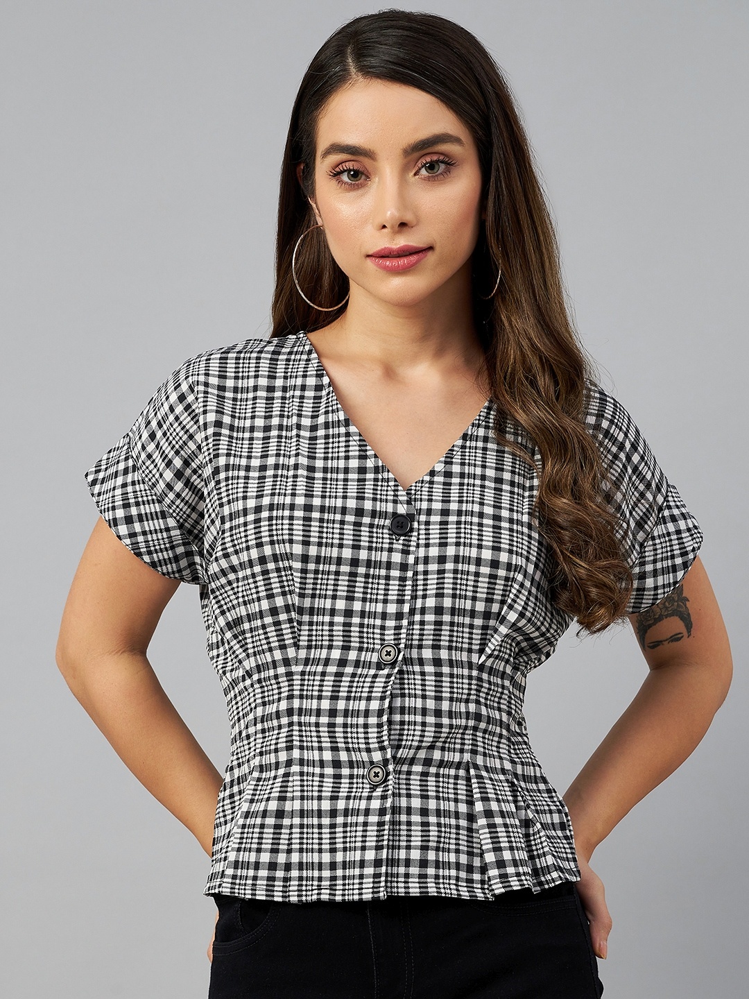 

plusS Black & White Checked Monochrome Cinched Waist Top