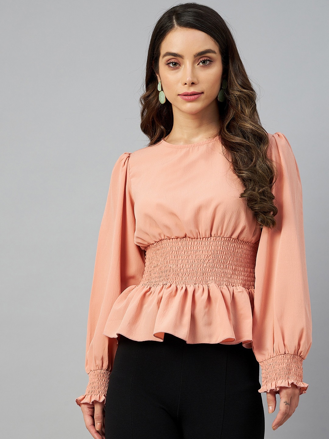 

plusS Peach-Coloured Solid Smocked Top